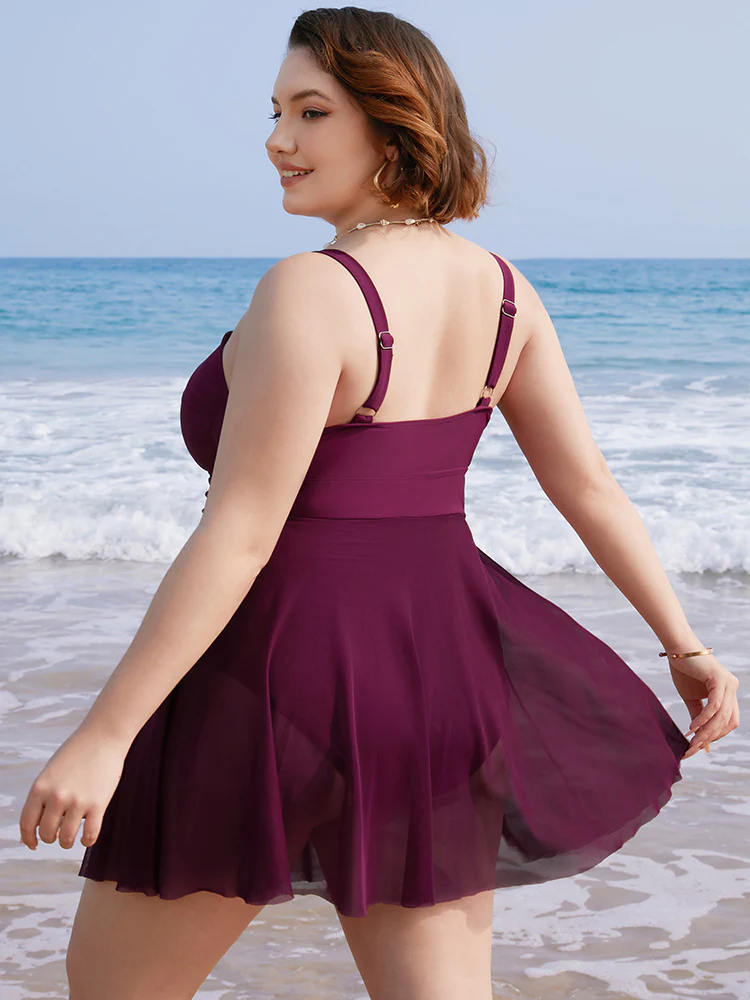 Mesh Patchwork Flutter Crossover Sculpt Waist Swim Dress - Image 2