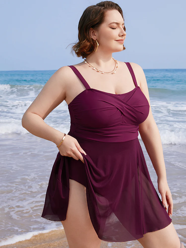 Mesh Patchwork Flutter Crossover Sculpt Waist Swim Dress - Image 3