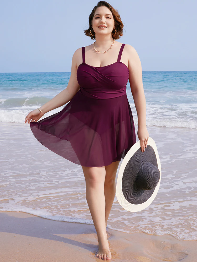 Mesh Patchwork Flutter Crossover Sculpt Waist Swim Dress - Image 4