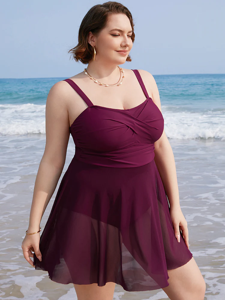Mesh Patchwork Flutter Crossover Sculpt Waist Swim Dress - Image 5