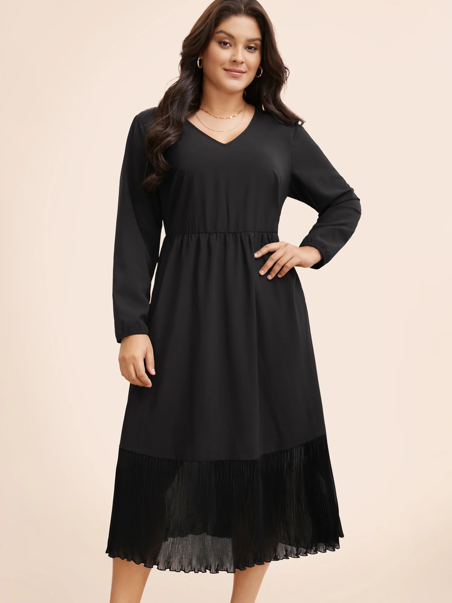 Mesh Patchwork Lantern Sleeve Pleated Dress - Image 2