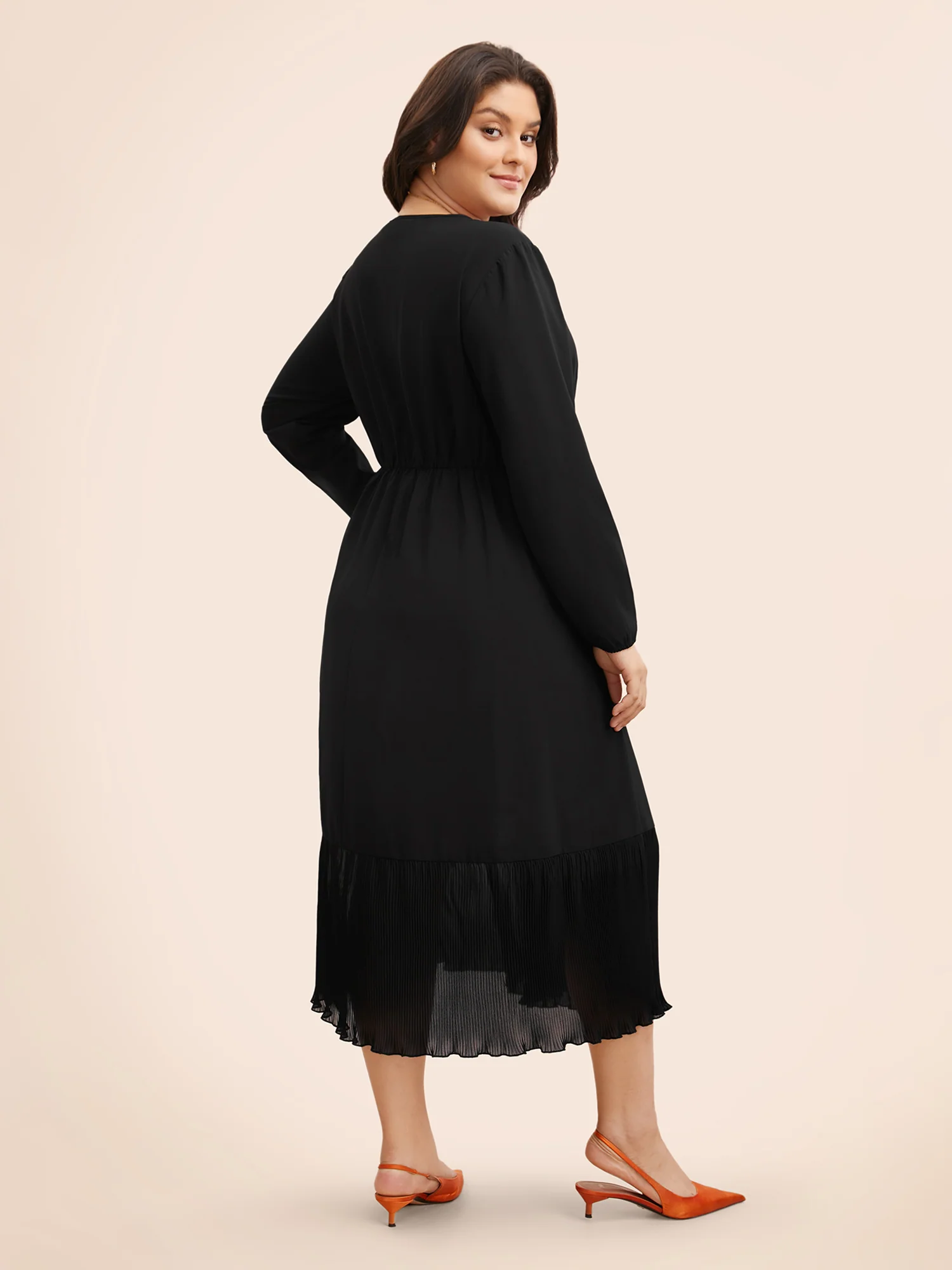 Mesh Patchwork Lantern Sleeve Pleated Dress - Image 3
