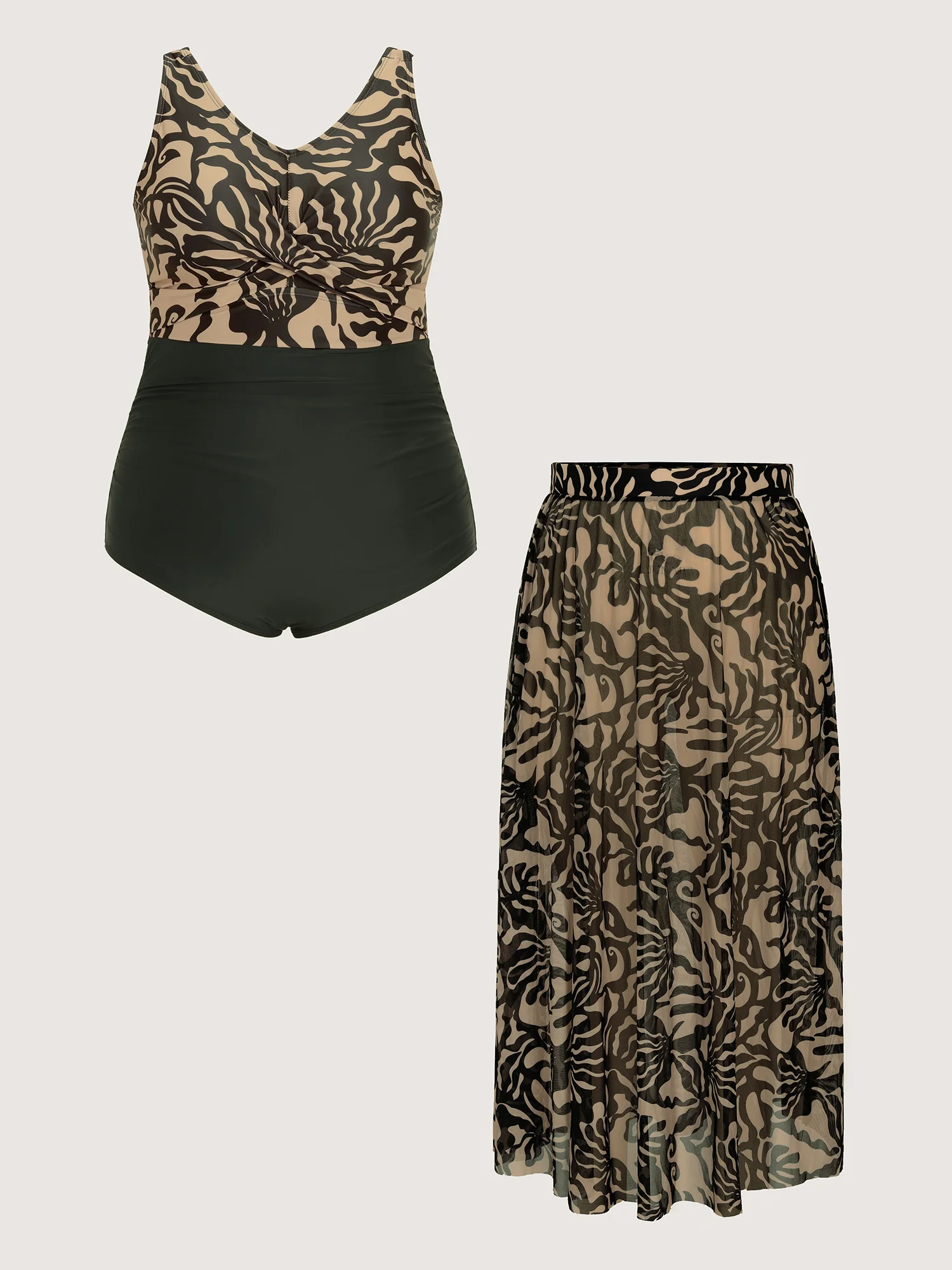 Mesh Sarong Set Abstract Print One-Piece Swimsuit - Image 9