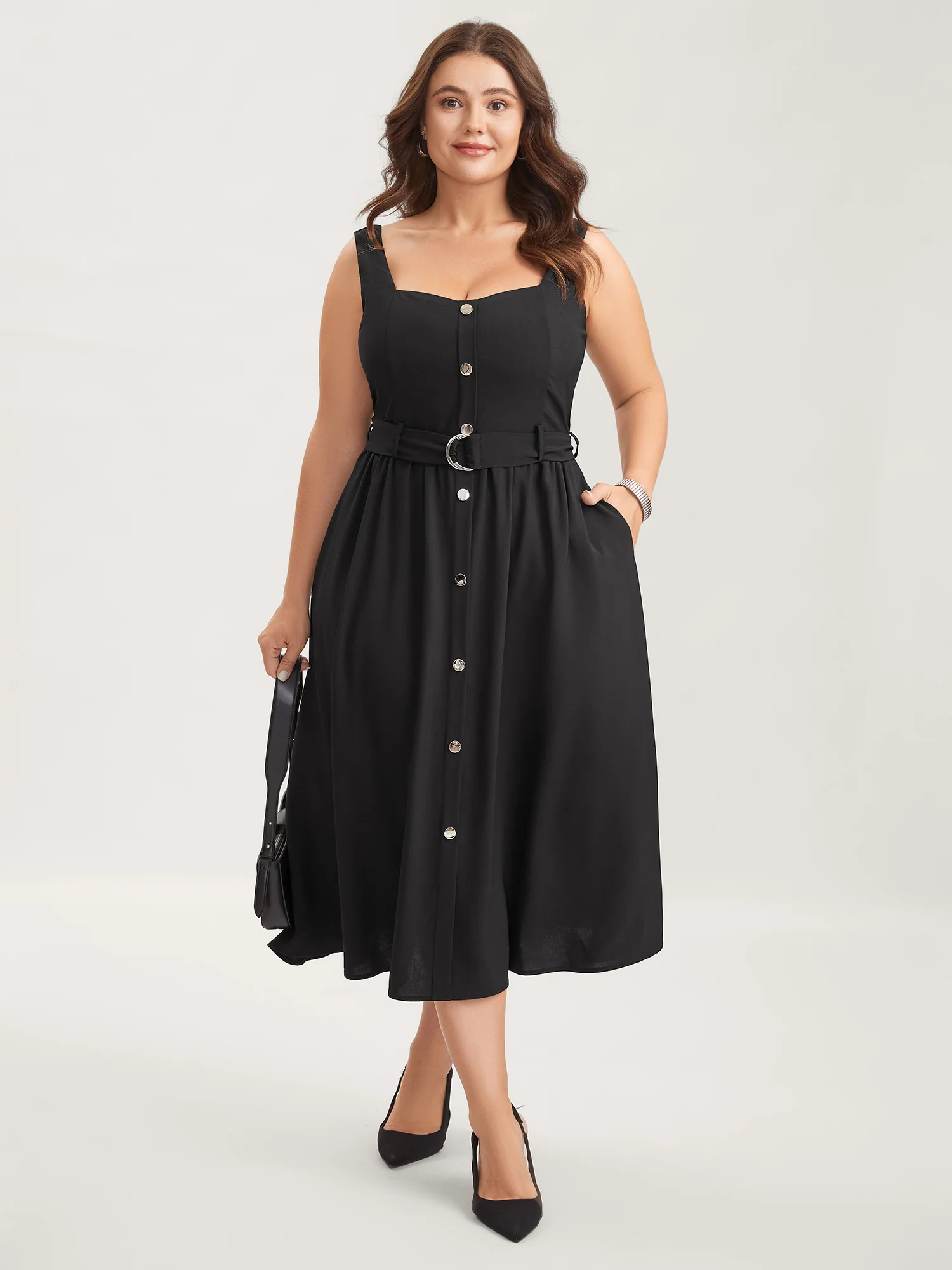 Metal Buckle Button Front Midi Dress