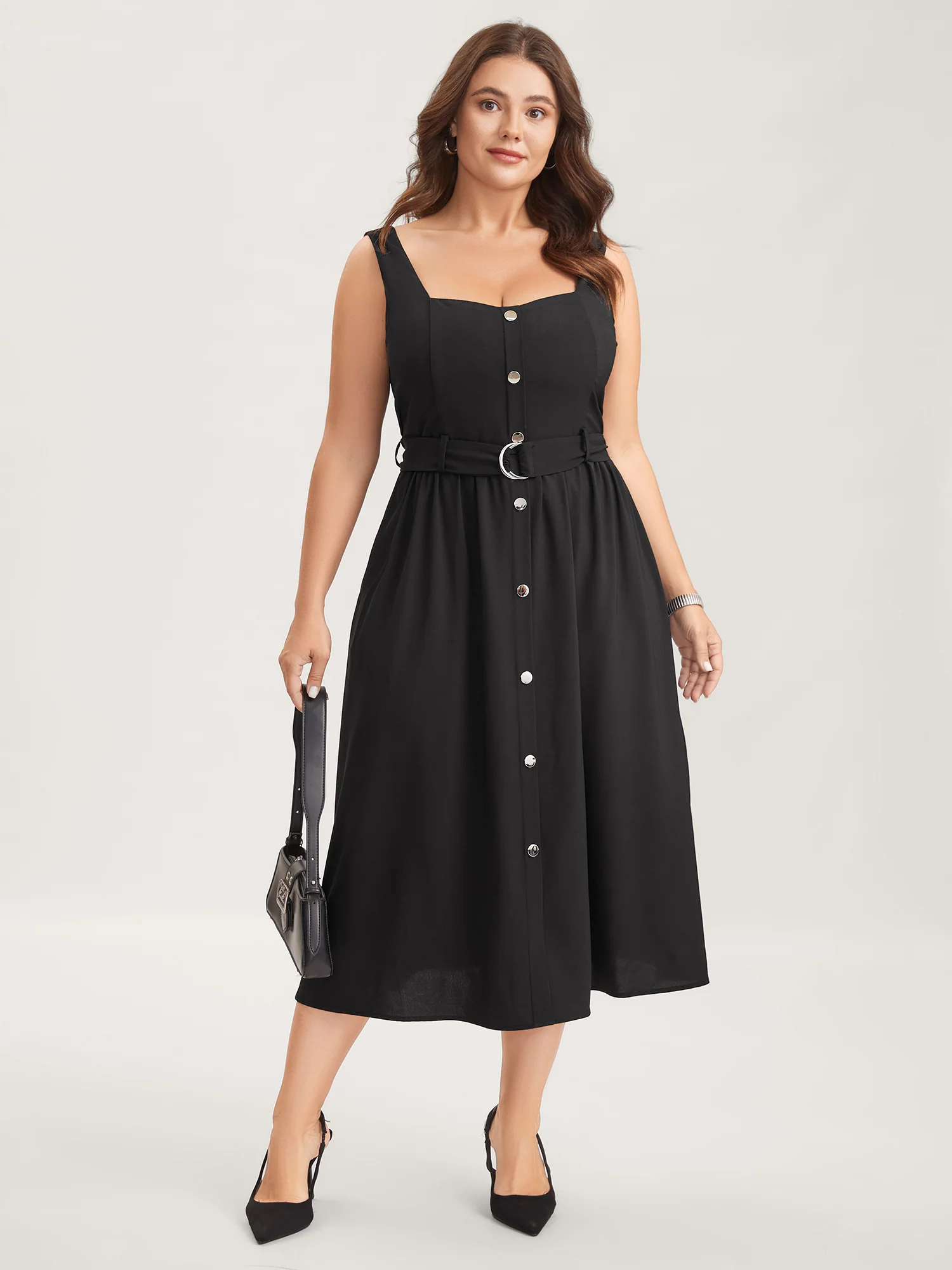Metal Buckle Button Front Midi Dress - Image 3