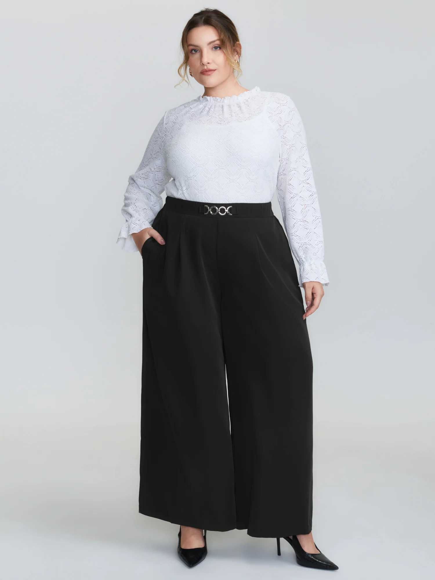 Metal Buckle Detail Wide-Leg Pants - Image 2