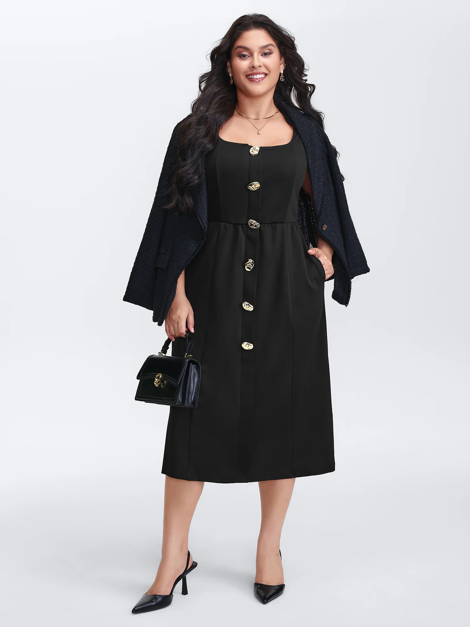 Metal Buttons Side Pockets Midi Dress - Image 3
