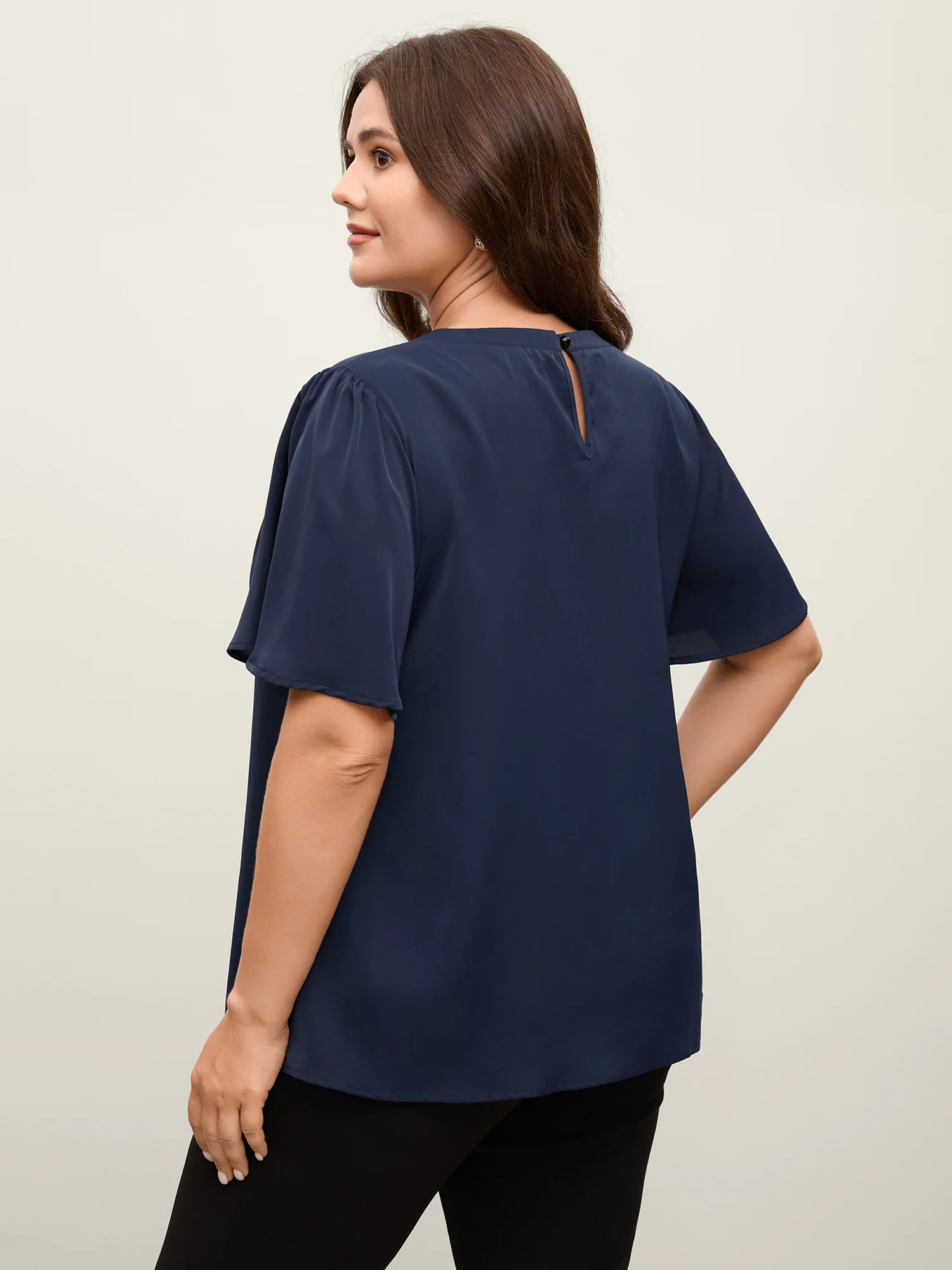 Metal Clasp Neckline Lotus Leaf Sleeve Blouse - Image 5