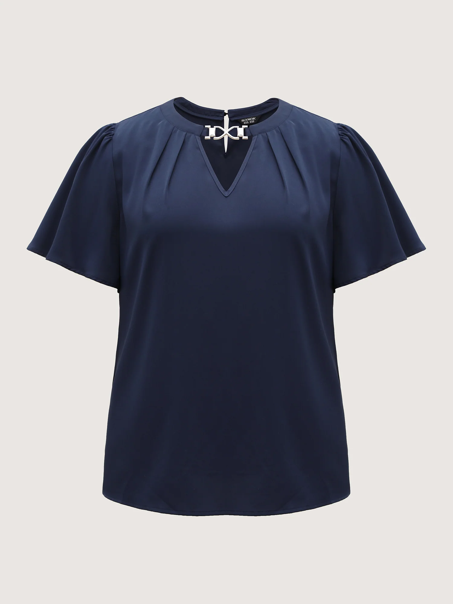 Metal Clasp Neckline Lotus Leaf Sleeve Blouse - Image 7