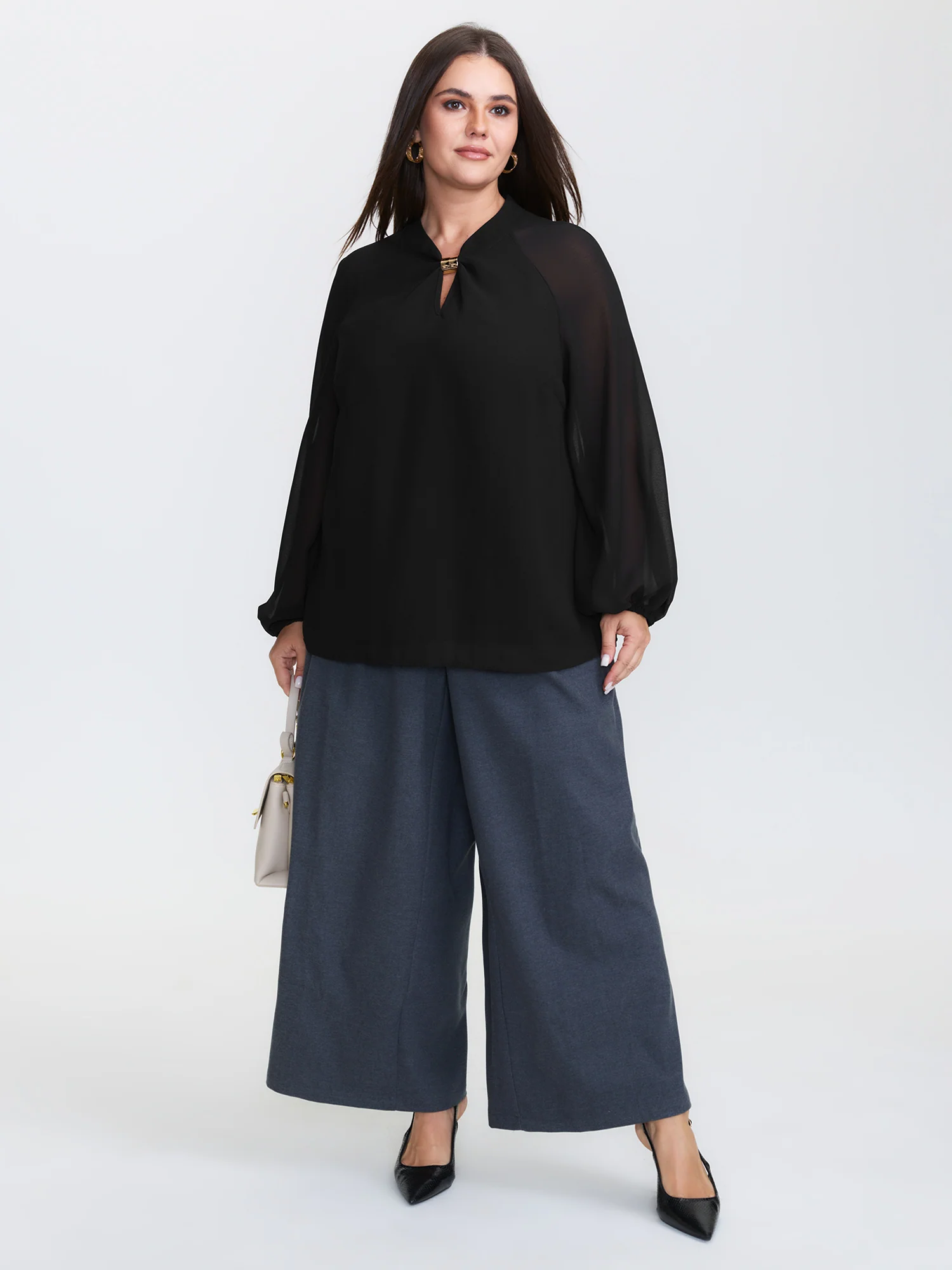 Metal Detail Neckline Flowy Blouse - Image 2