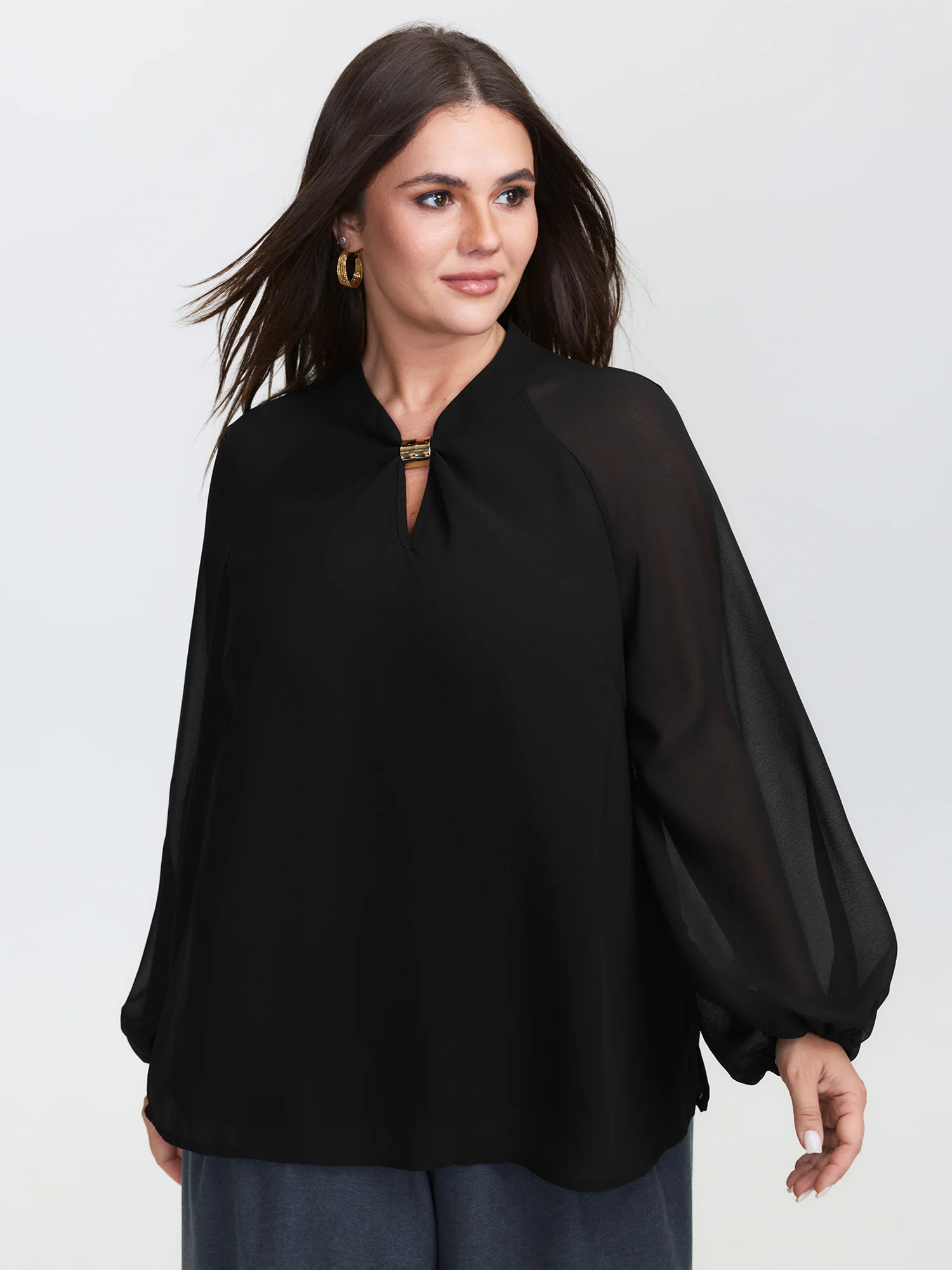 Metal Detail Neckline Flowy Blouse - Image 3