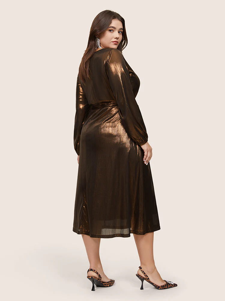 Metallic Belted Wrap Lantern Sleeve Dress - Image 3