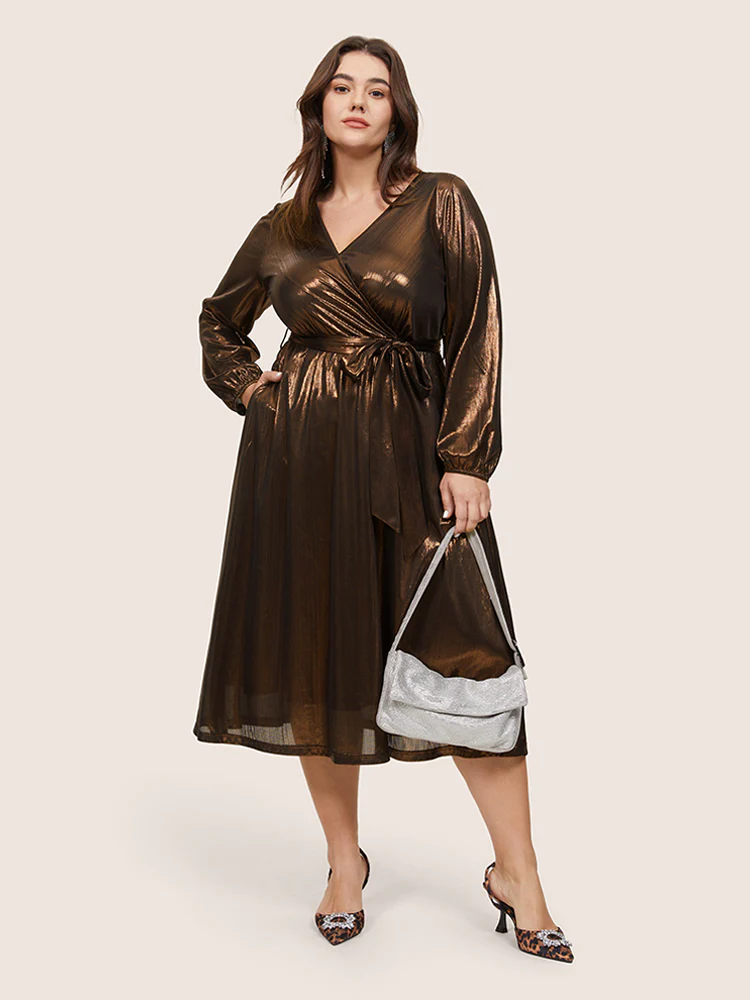 Metallic Belted Wrap Lantern Sleeve Dress - Image 4