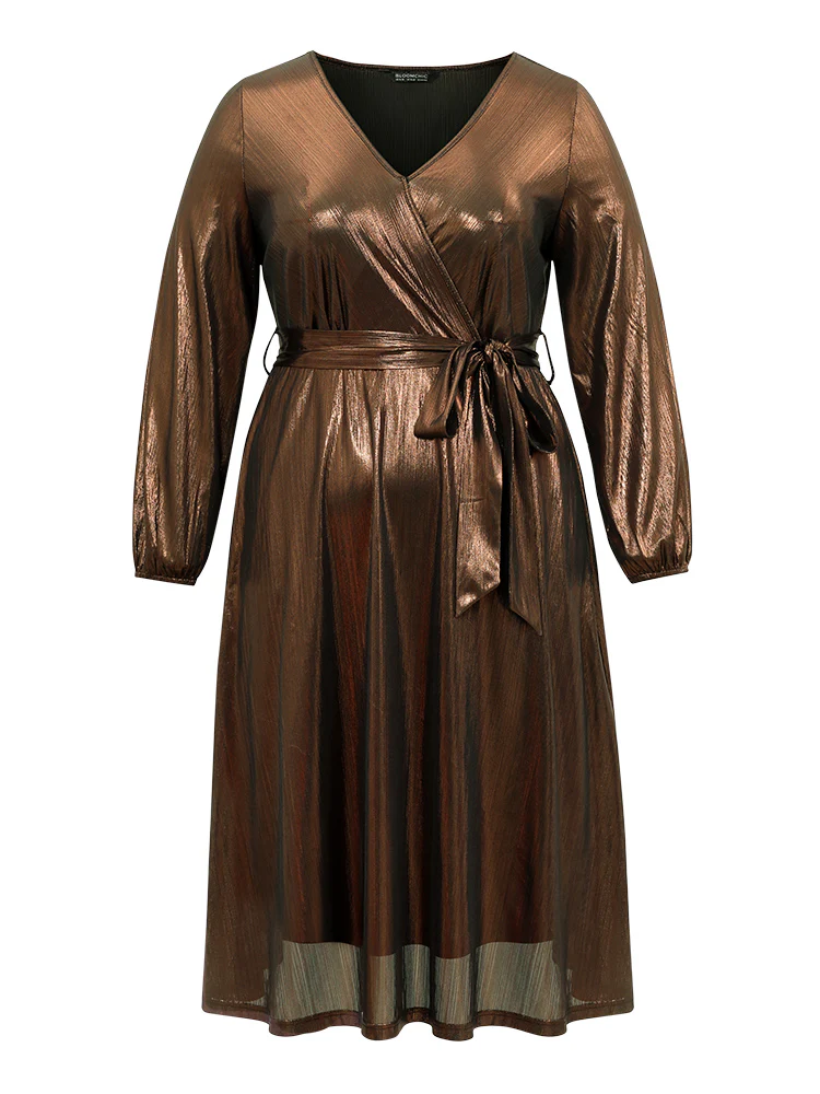 Metallic Belted Wrap Lantern Sleeve Dress - Image 5