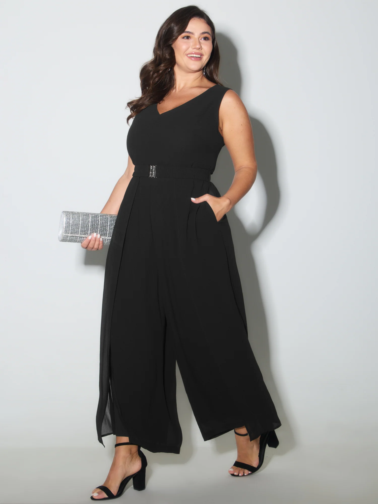 Metallic Buckle Layered Hem Slit Jumpsuit - Image 3