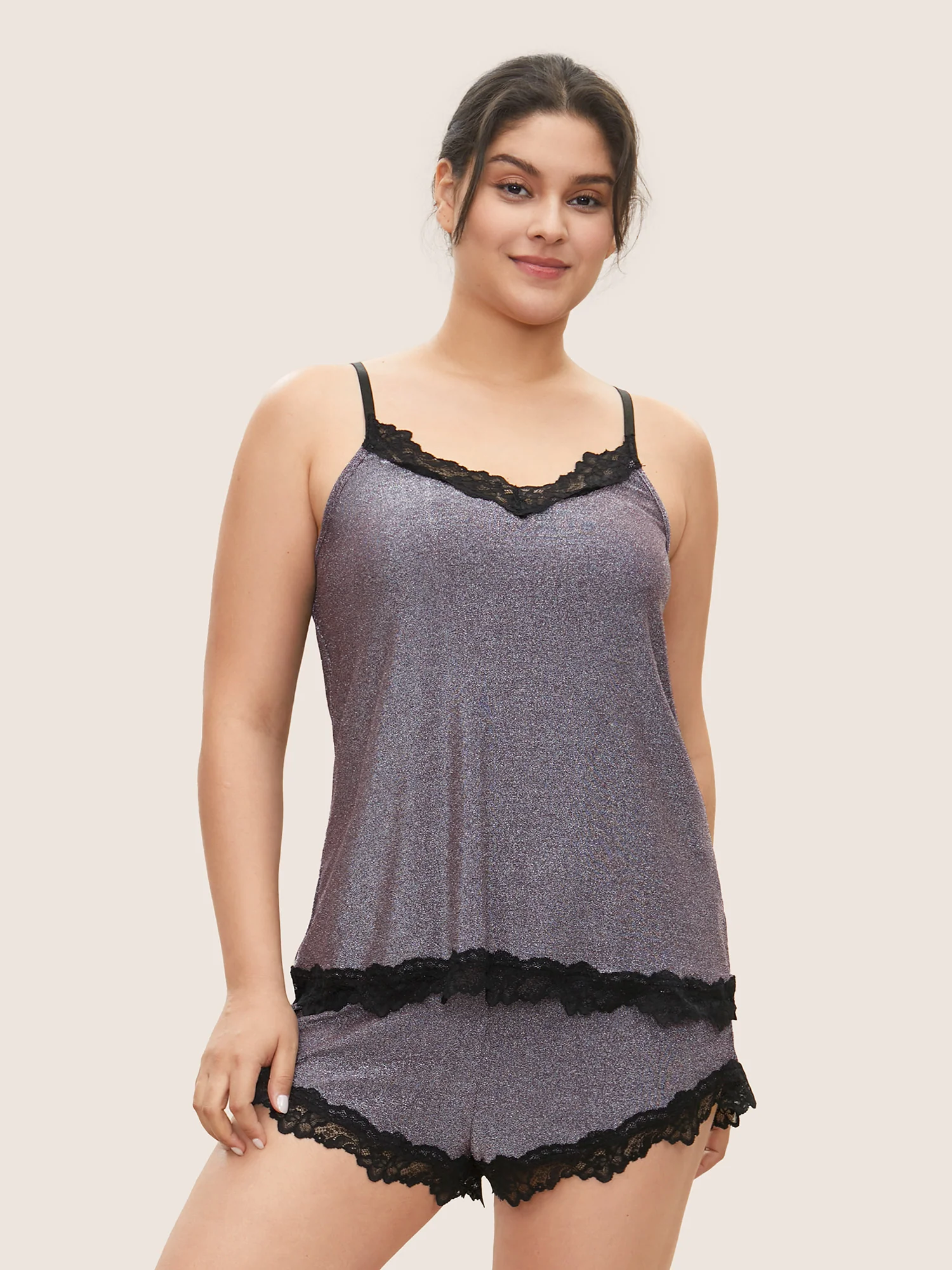 Metallic Patchwork Lace Detail Two-Piece Pajama Set