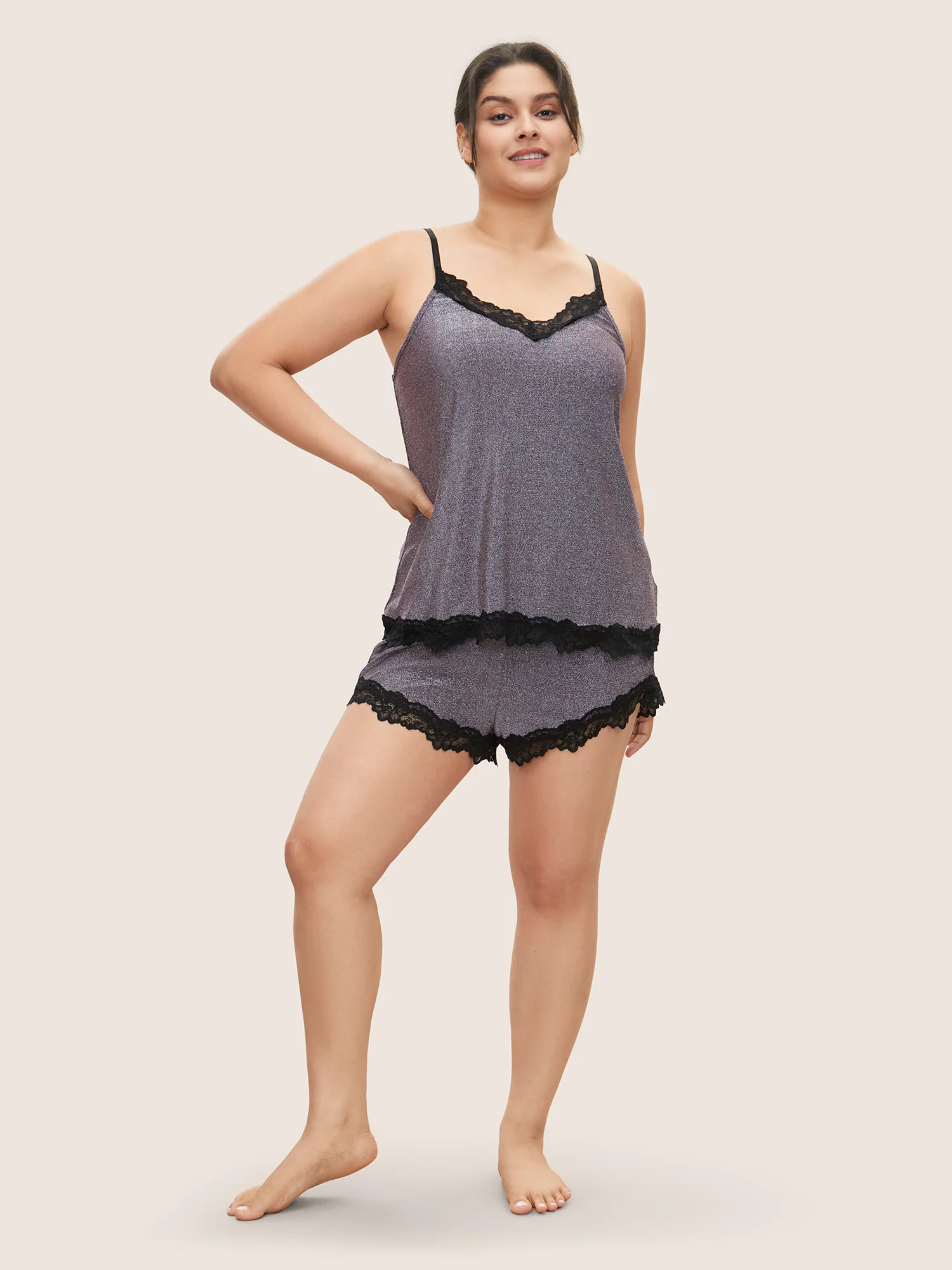 Metallic Patchwork Lace Detail Two-Piece Pajama Set - Image 3