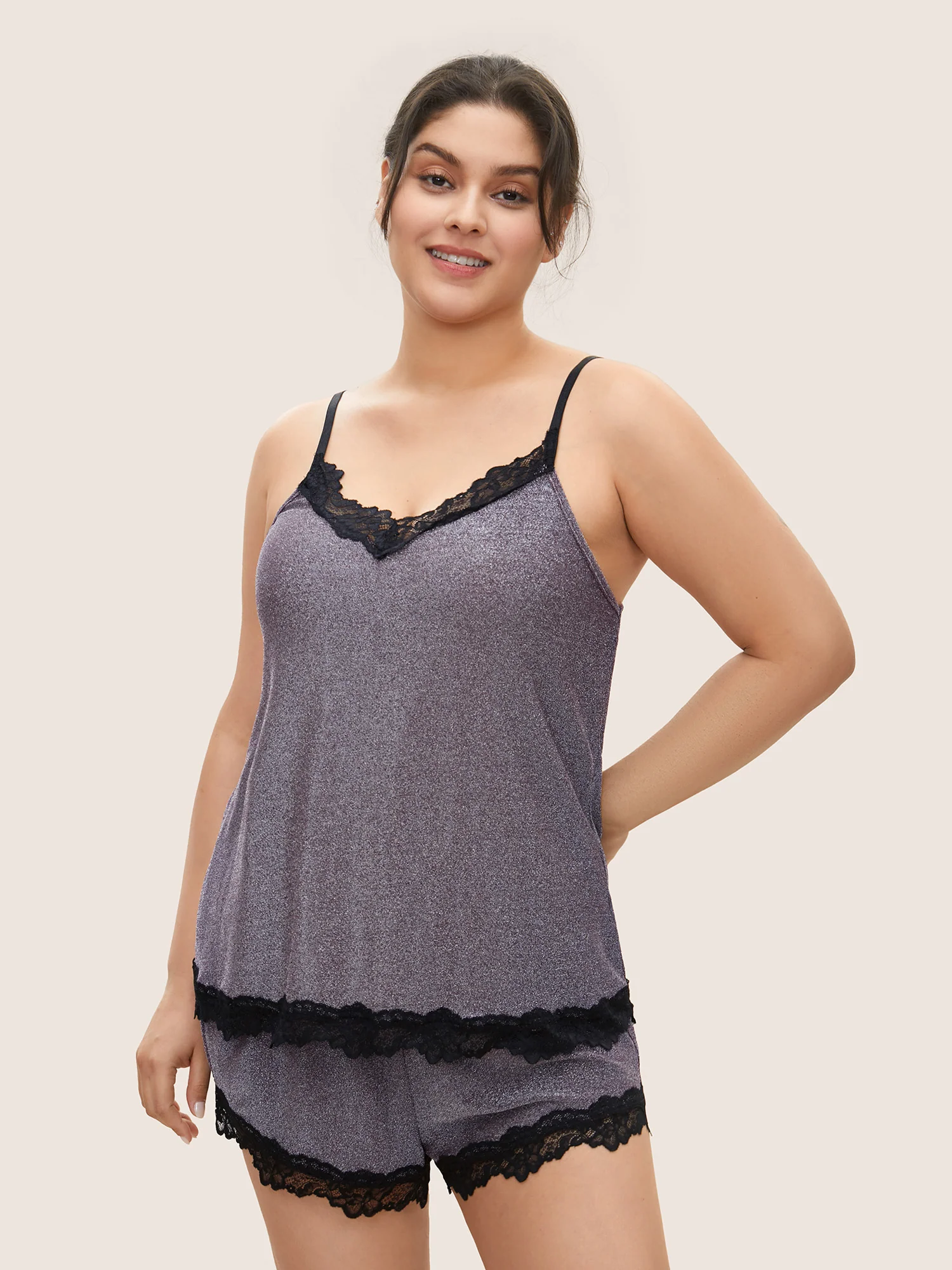 Metallic Patchwork Lace Detail Two-Piece Pajama Set - Image 6