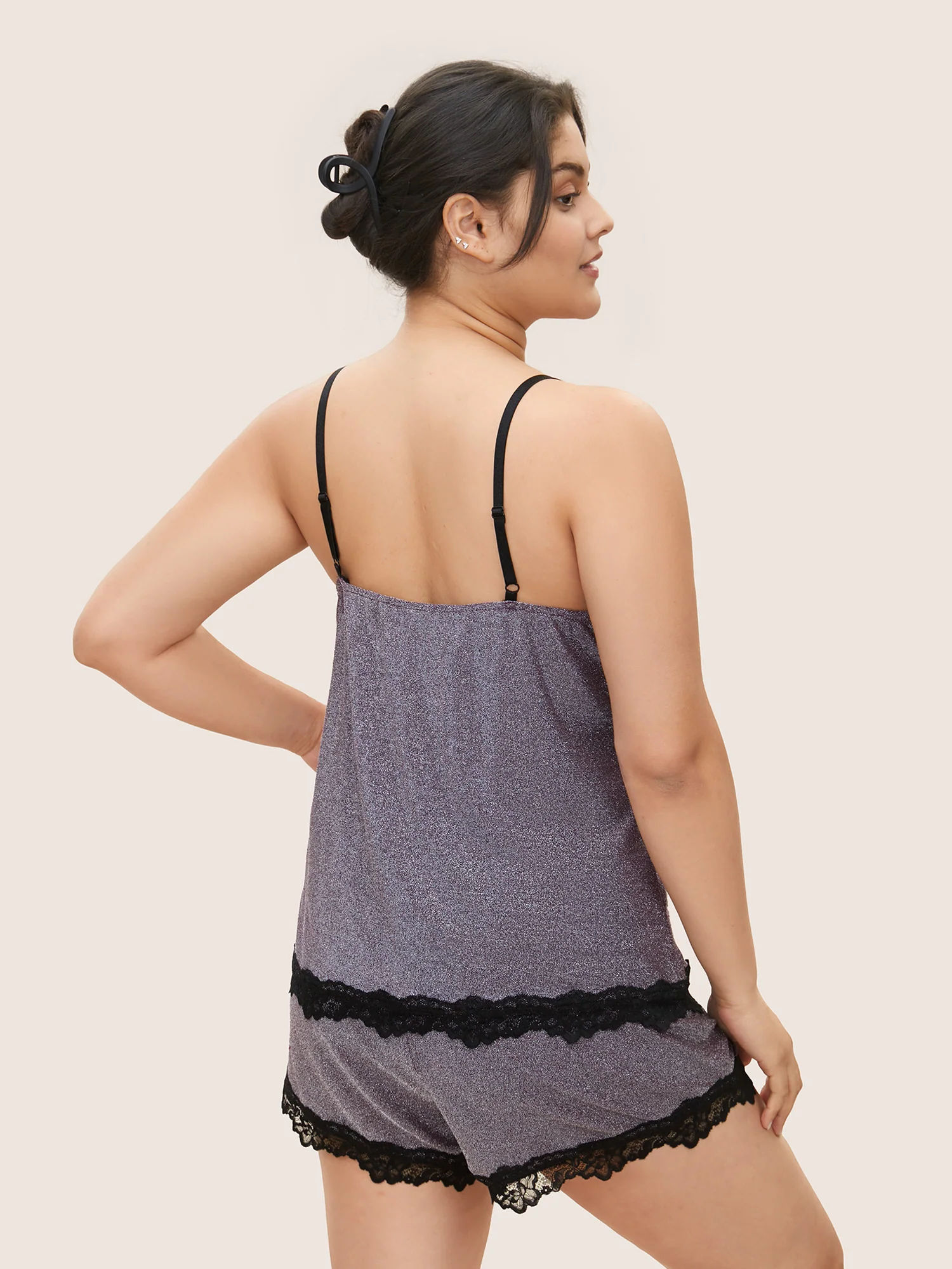 Metallic Patchwork Lace Detail Two-Piece Pajama Set - Image 7