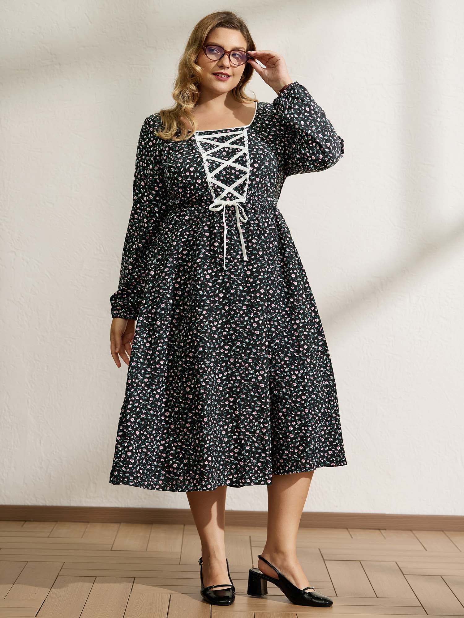 Micro Floral Print Adjustable Drawstring Maxi Dress - Image 3