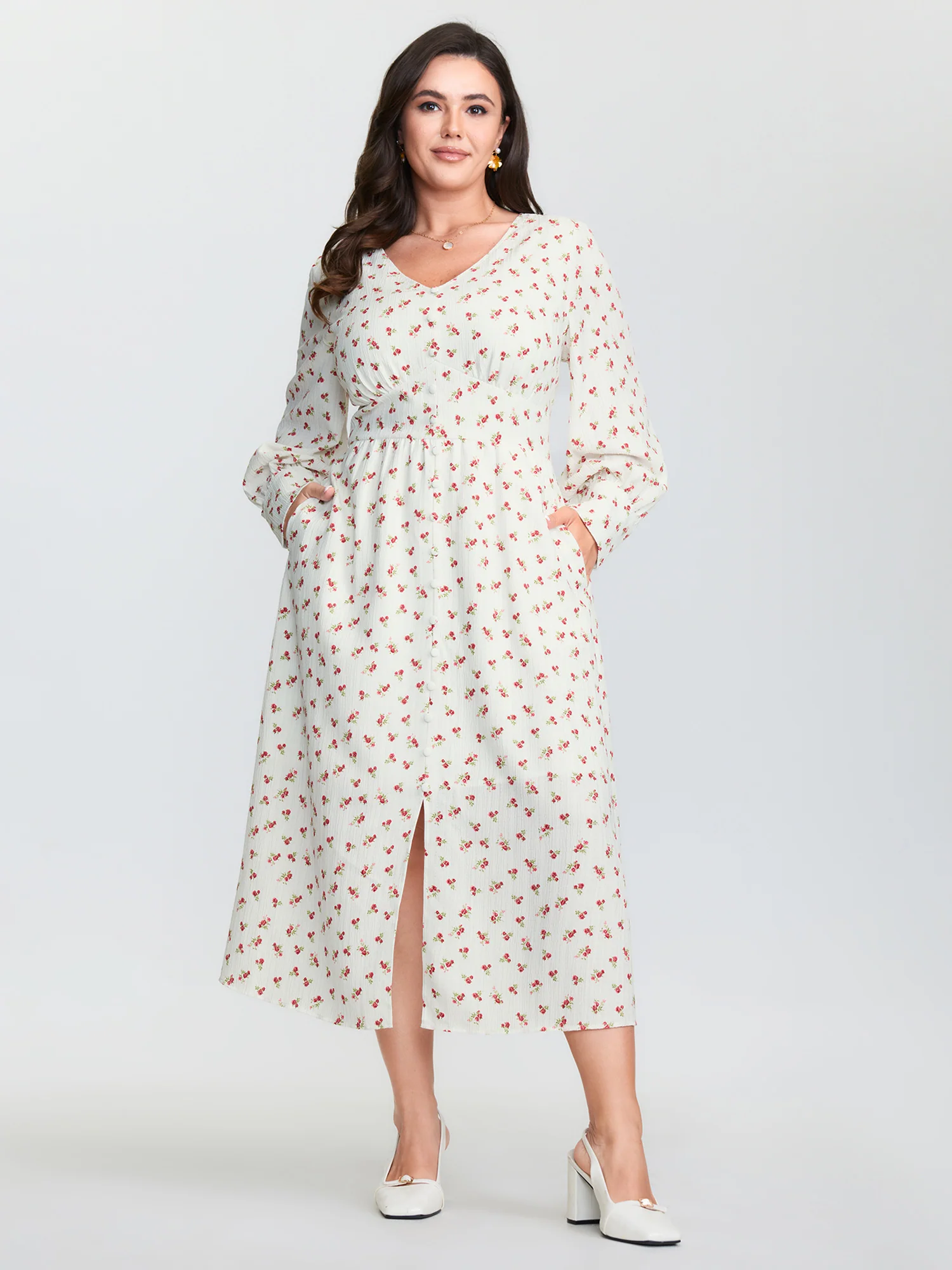 Micro Floral Print Button Placket Midi Dress - Image 3