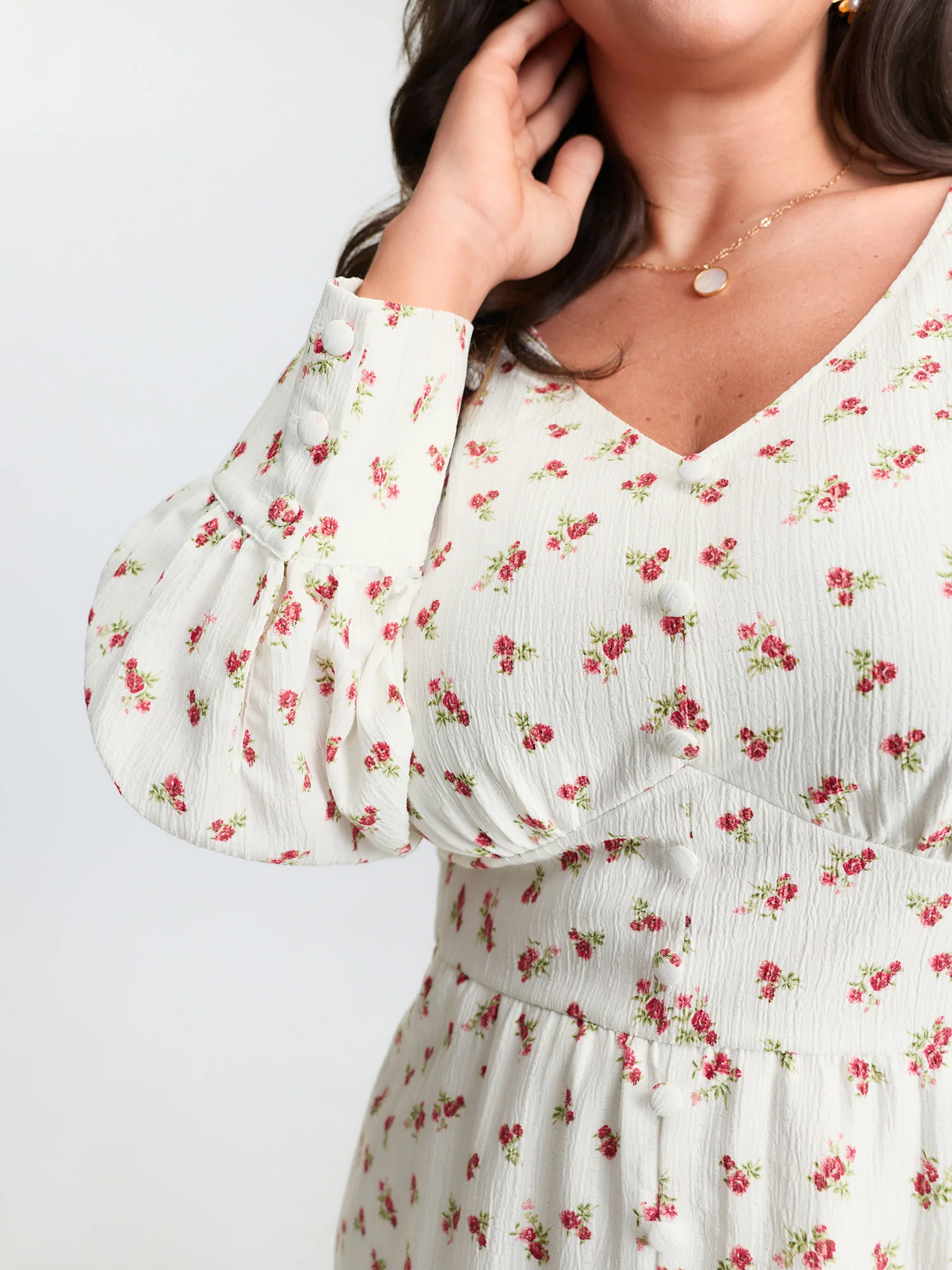 Micro Floral Print Button Placket Midi Dress - Image 4