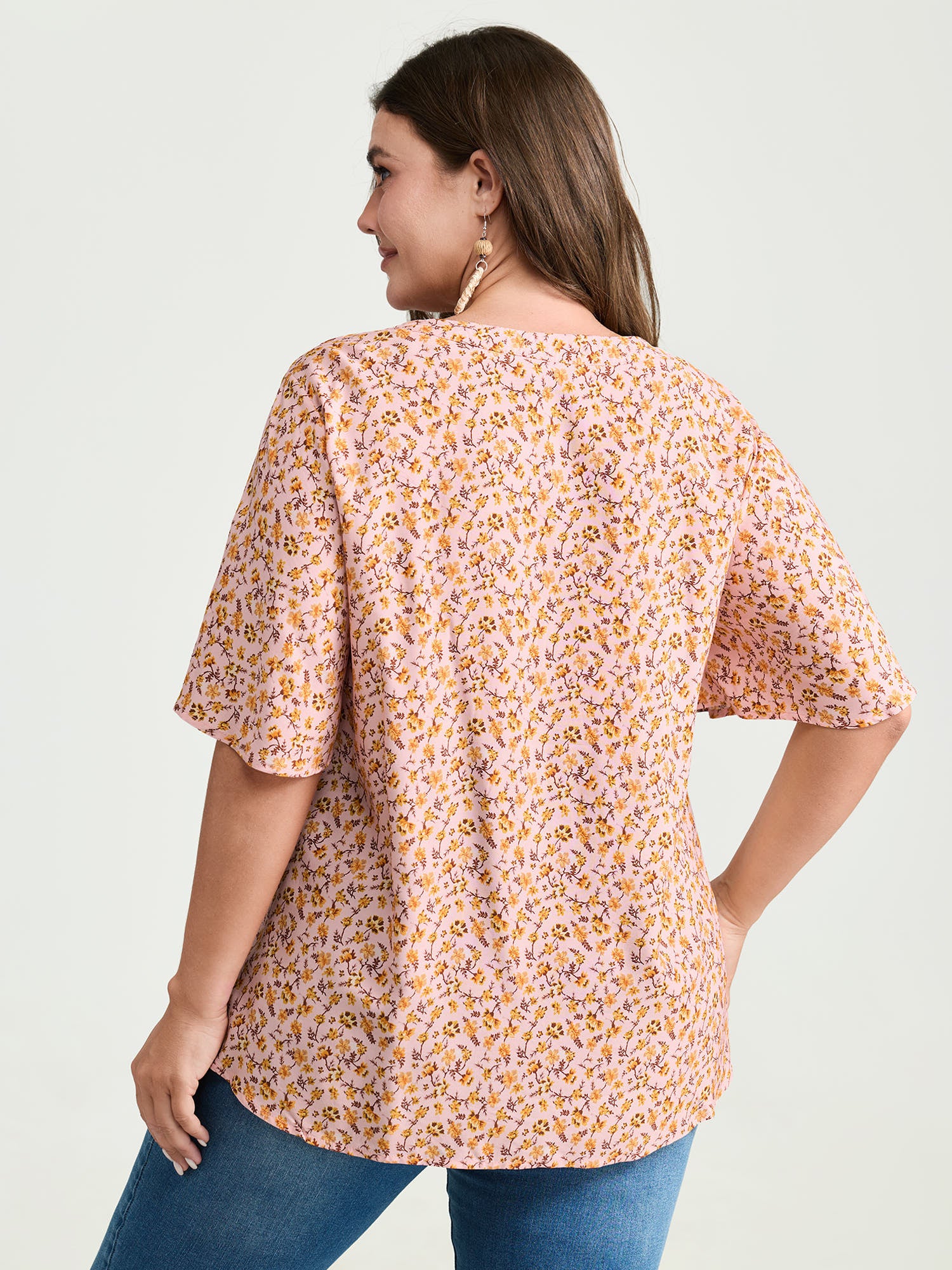 Micro Floral Print Drawstring Neckline Contrast Blouse - Image 4