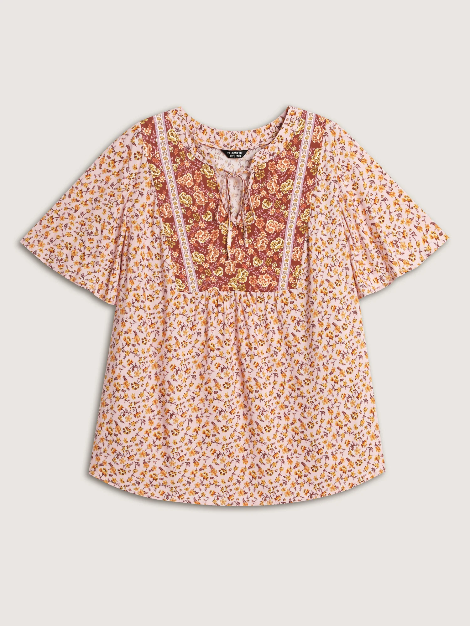 Micro Floral Print Drawstring Neckline Contrast Blouse - Image 6