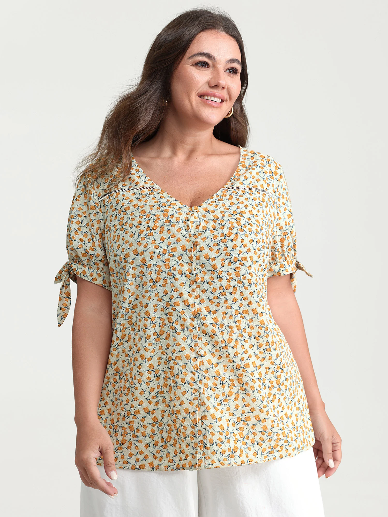 Micro Floral Print Lace Trim Blouse - Image 4