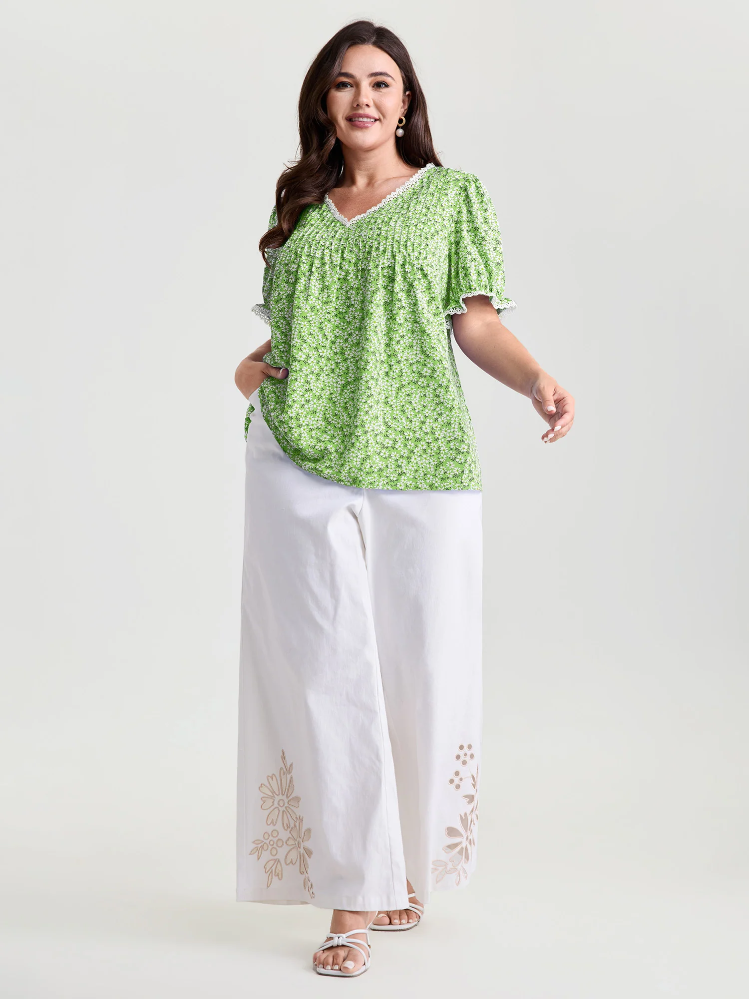 Micro Floral Print Lace Trim Blouse - Image 10