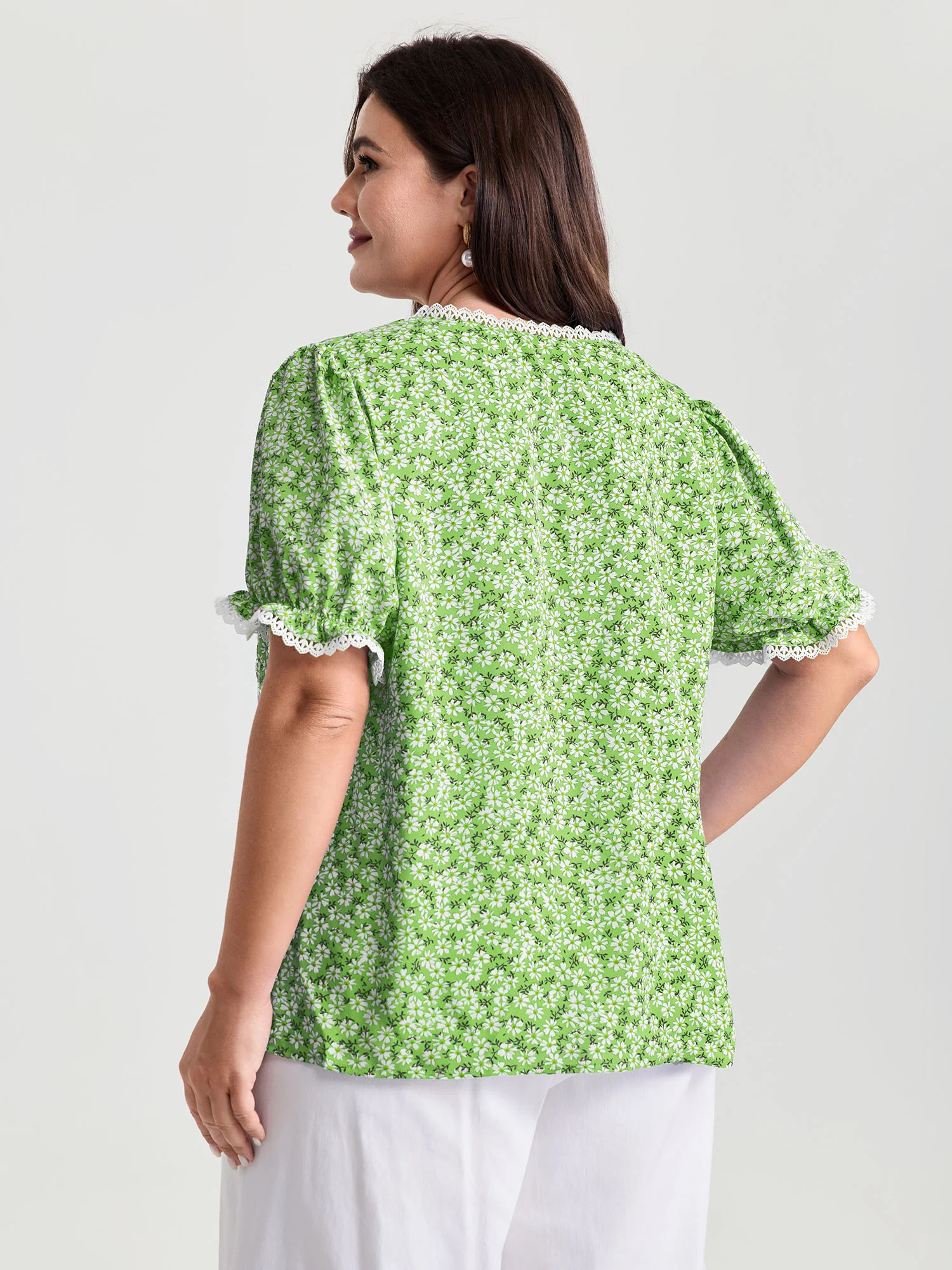 Micro Floral Print Lace Trim Blouse - Image 11