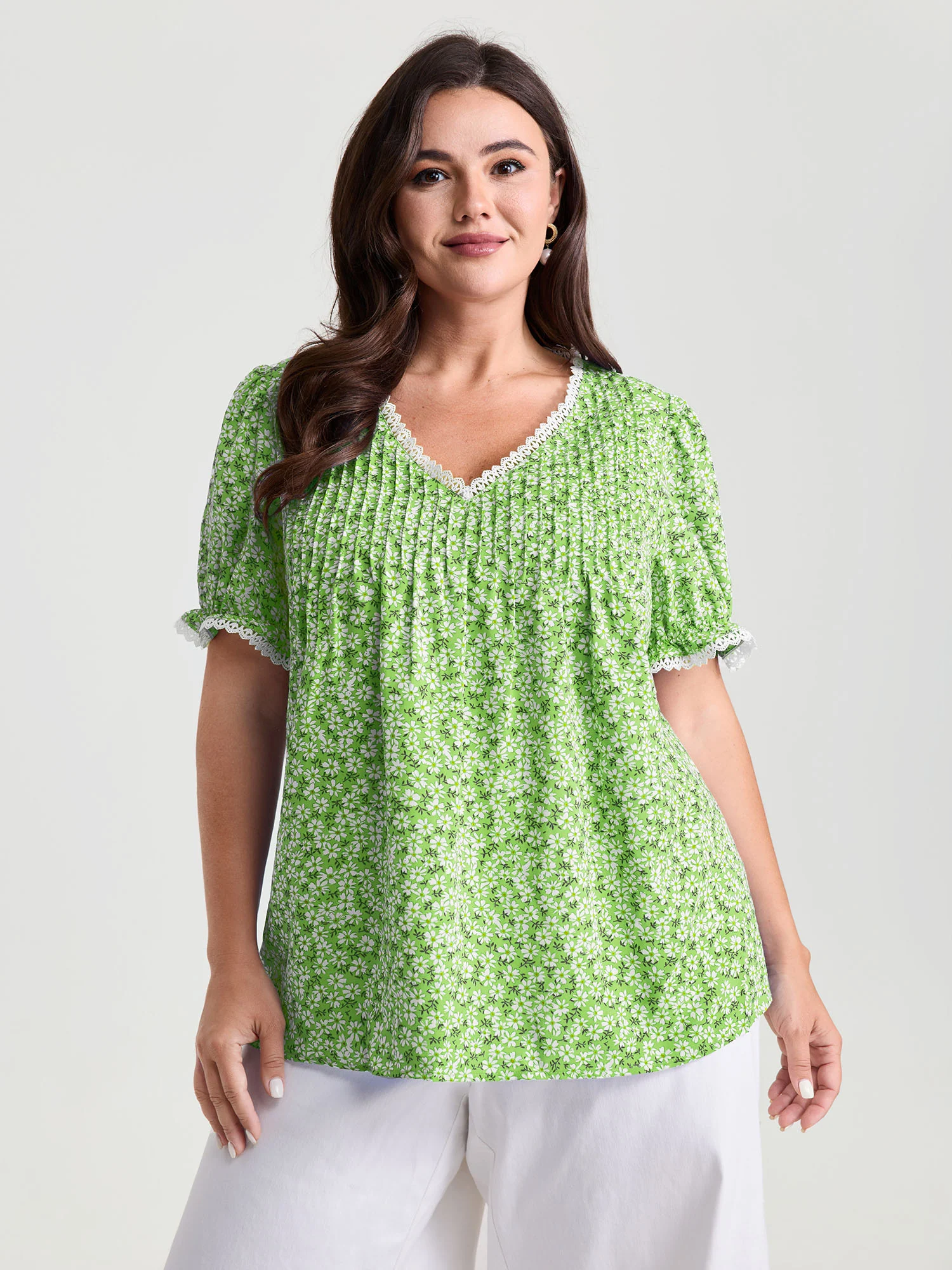 Micro Floral Print Lace Trim Blouse - Image 8