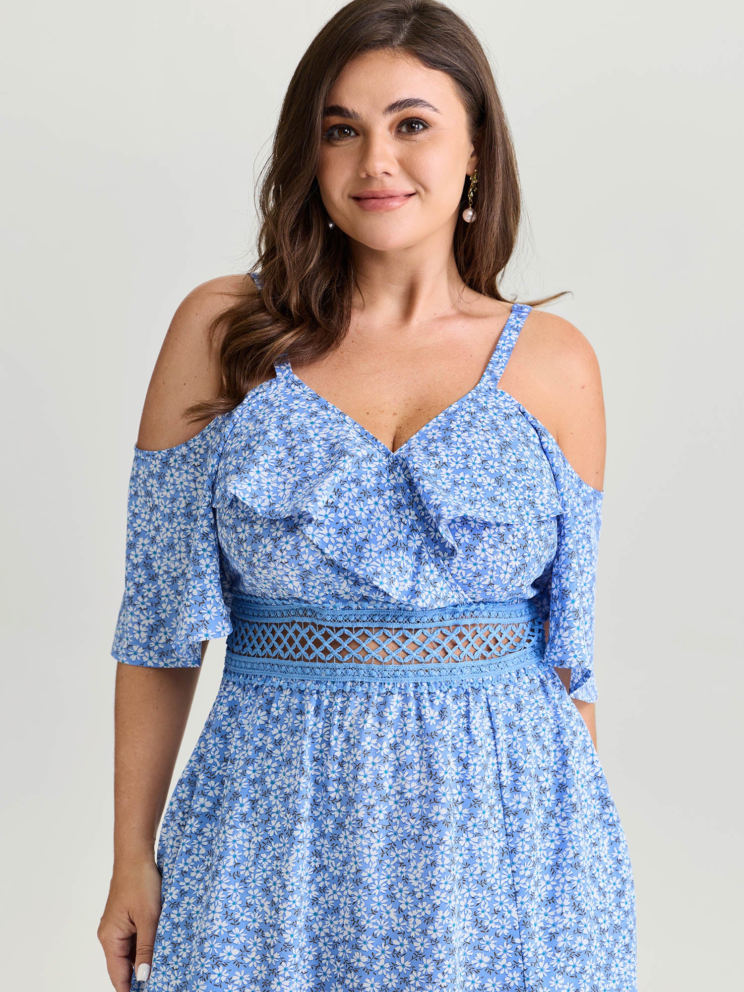 Micro Floral Print Lace Trim Sheer Waist Maxi Dress - Image 2