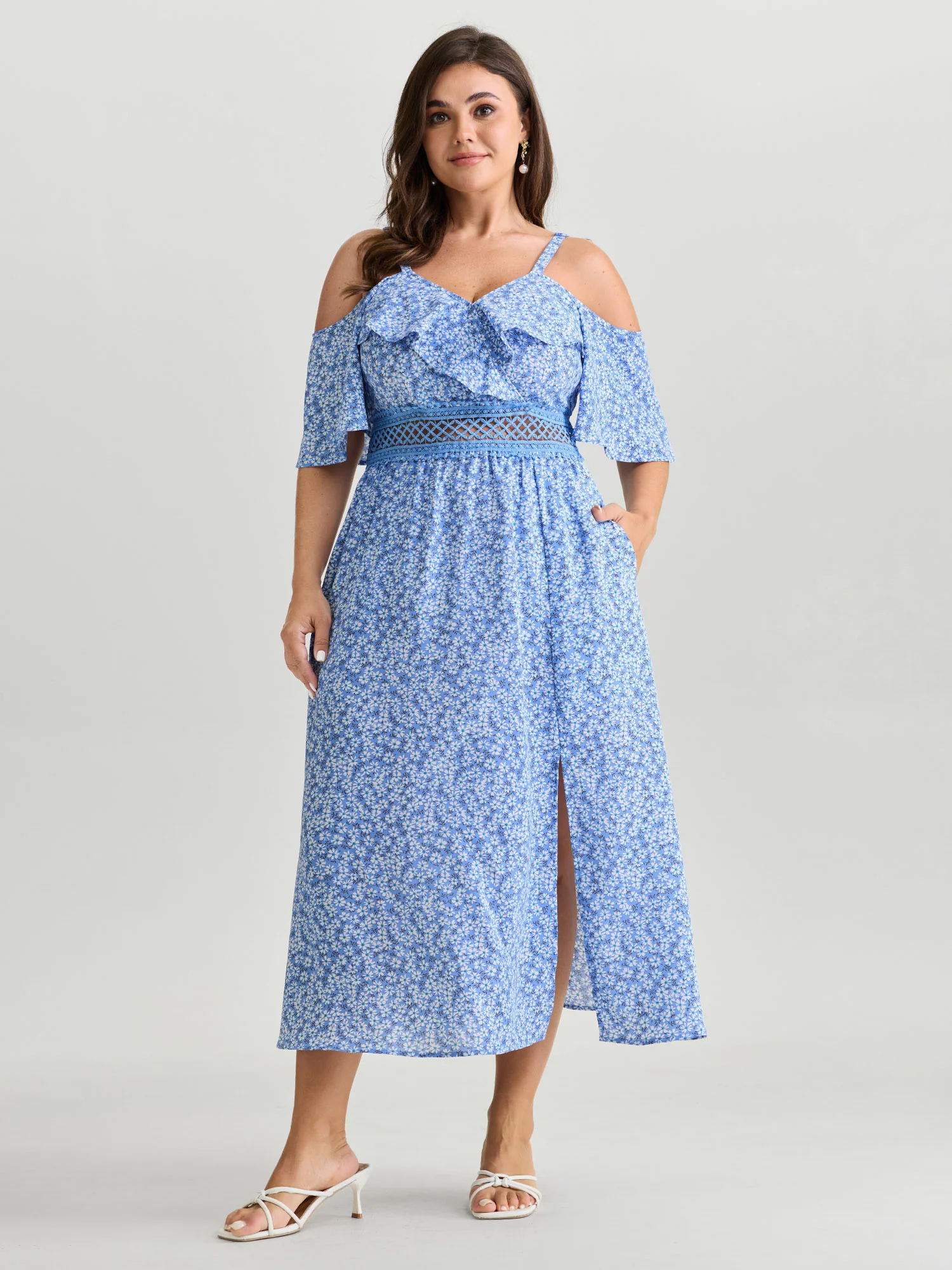 Micro Floral Print Lace Trim Sheer Waist Maxi Dress - Image 3