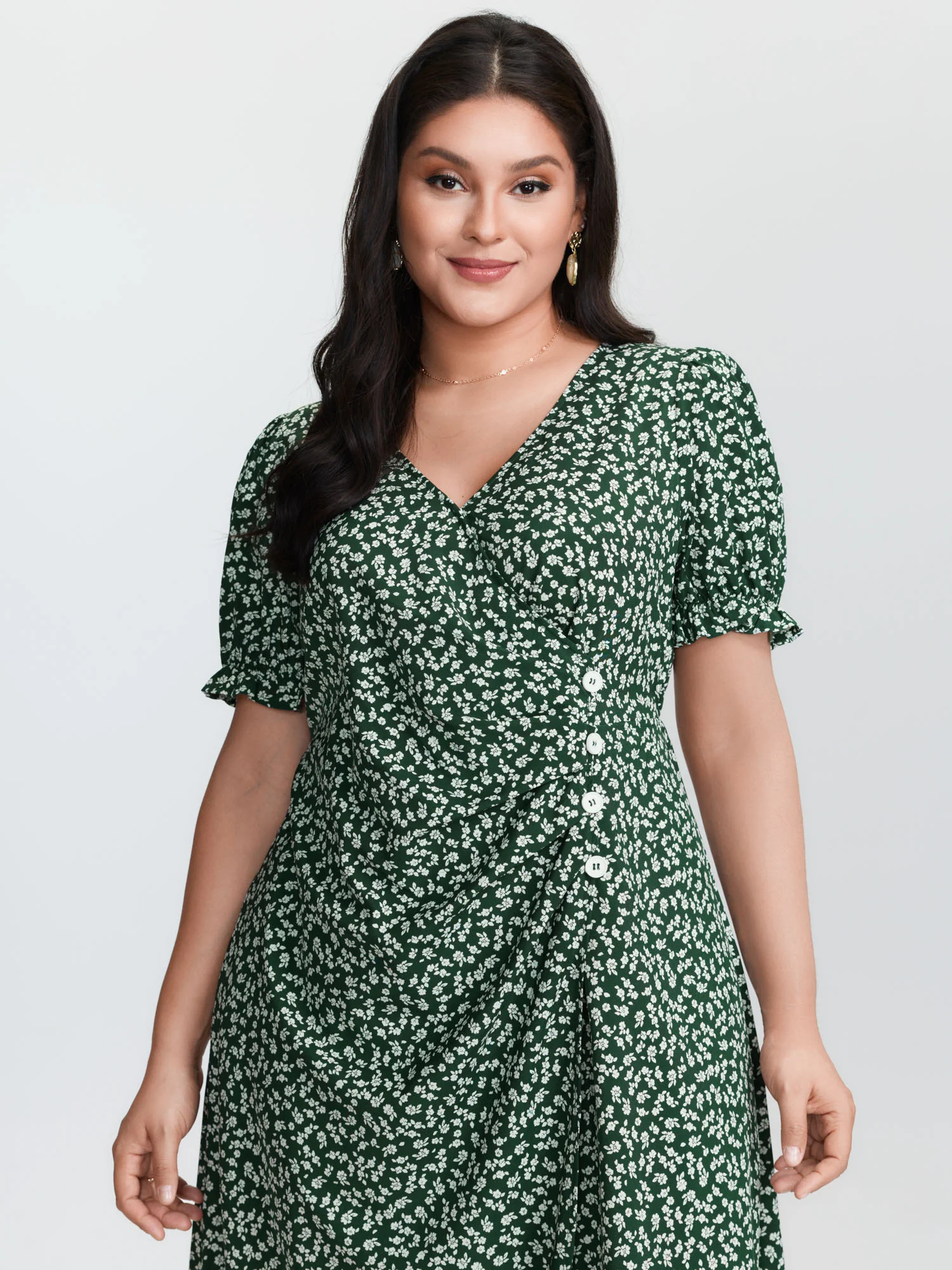 Micro Floral Print Ruched Button Detail Midi Dress - Image 2