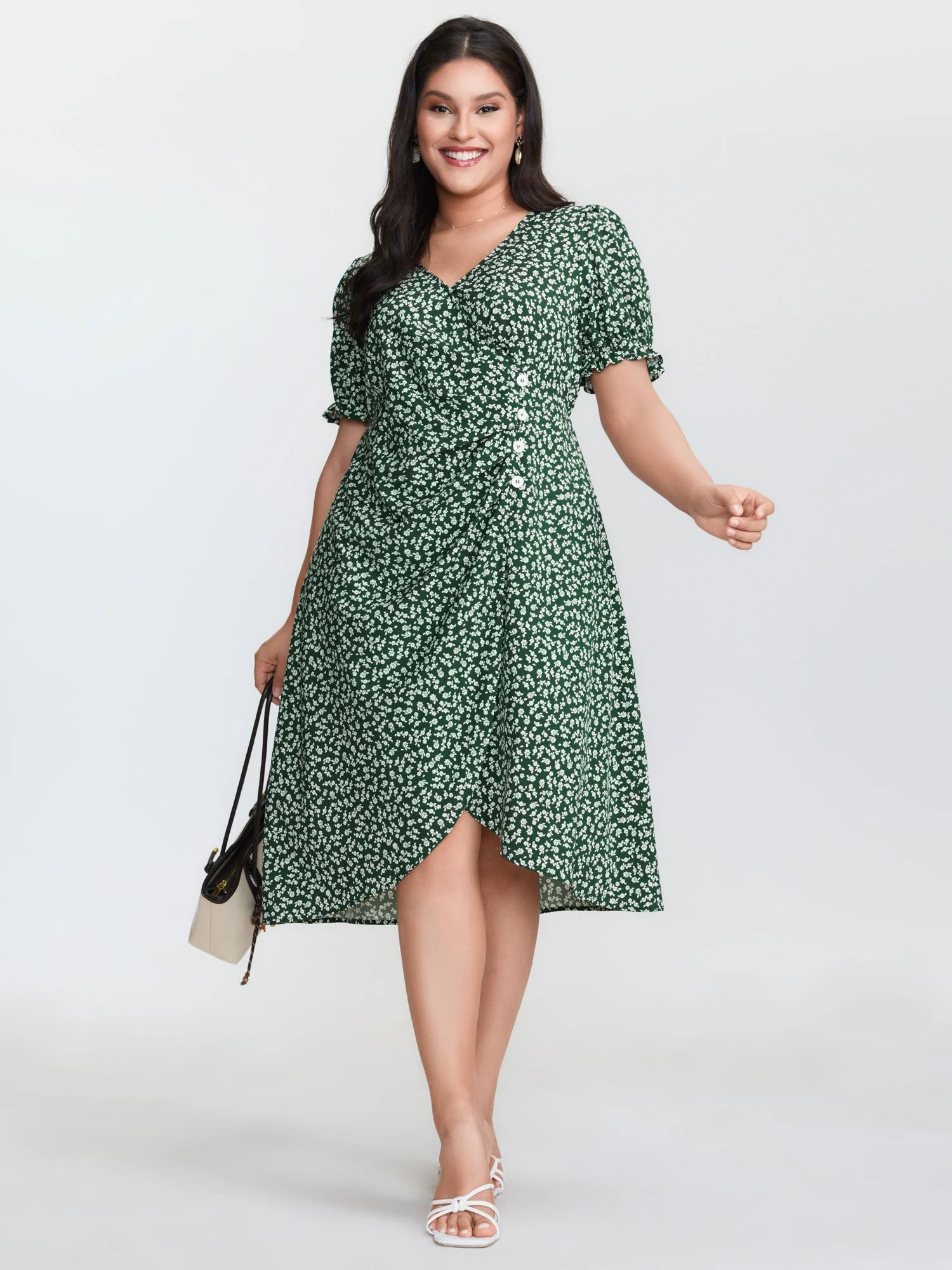 Micro Floral Print Ruched Button Detail Midi Dress - Image 3