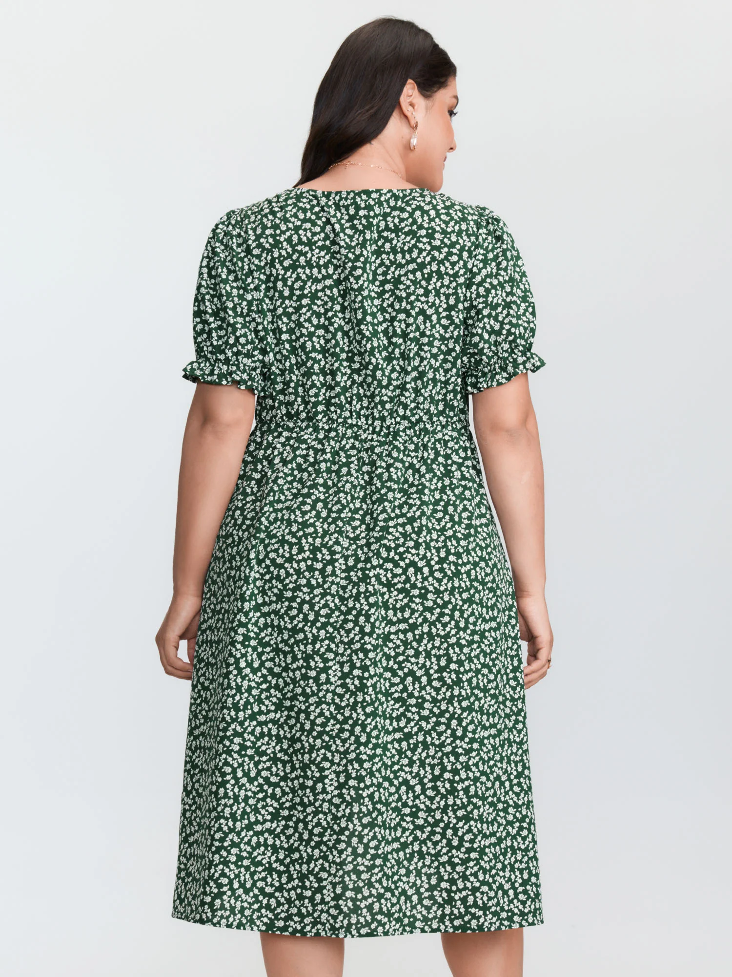 Micro Floral Print Ruched Button Detail Midi Dress - Image 5