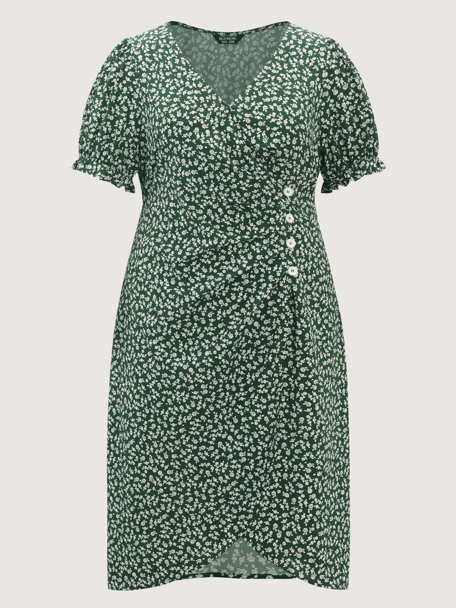 Micro Floral Print Ruched Button Detail Midi Dress - Image 8