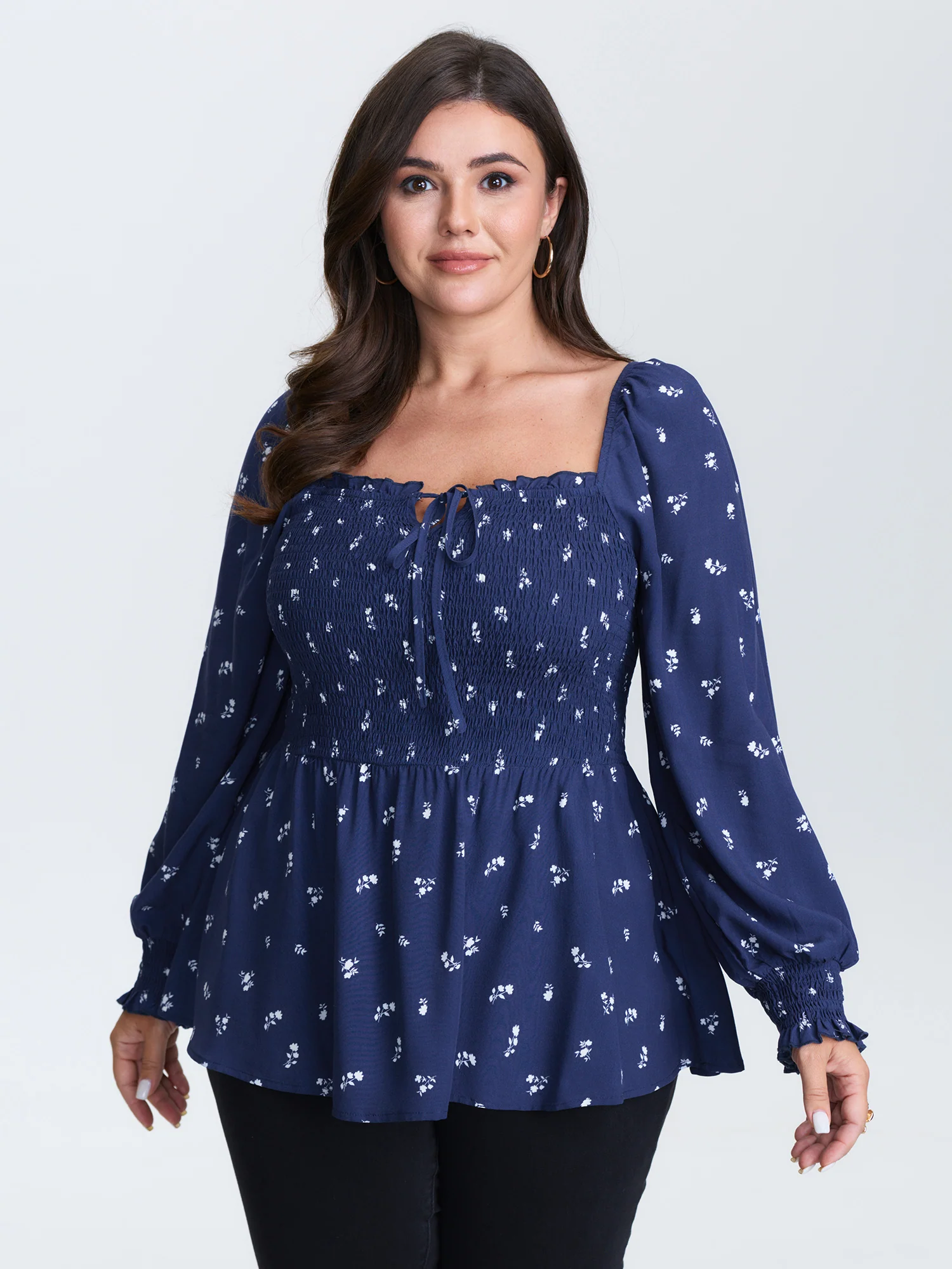 Micro-Floral Print Shirred Blouse