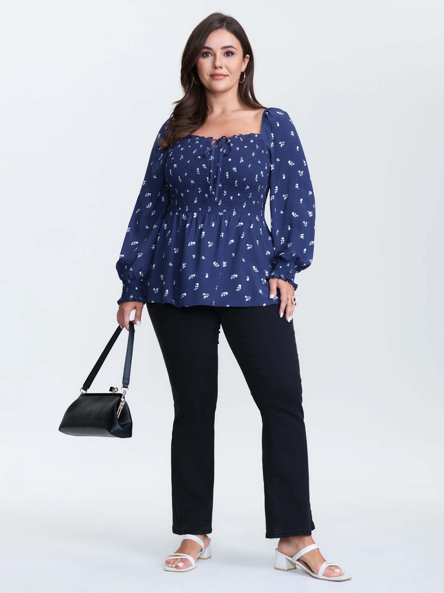 Micro-Floral Print Shirred Blouse - Image 3