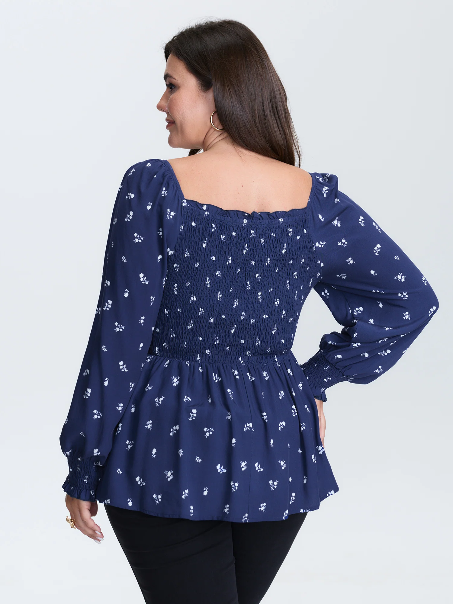 Micro-Floral Print Shirred Blouse - Image 4