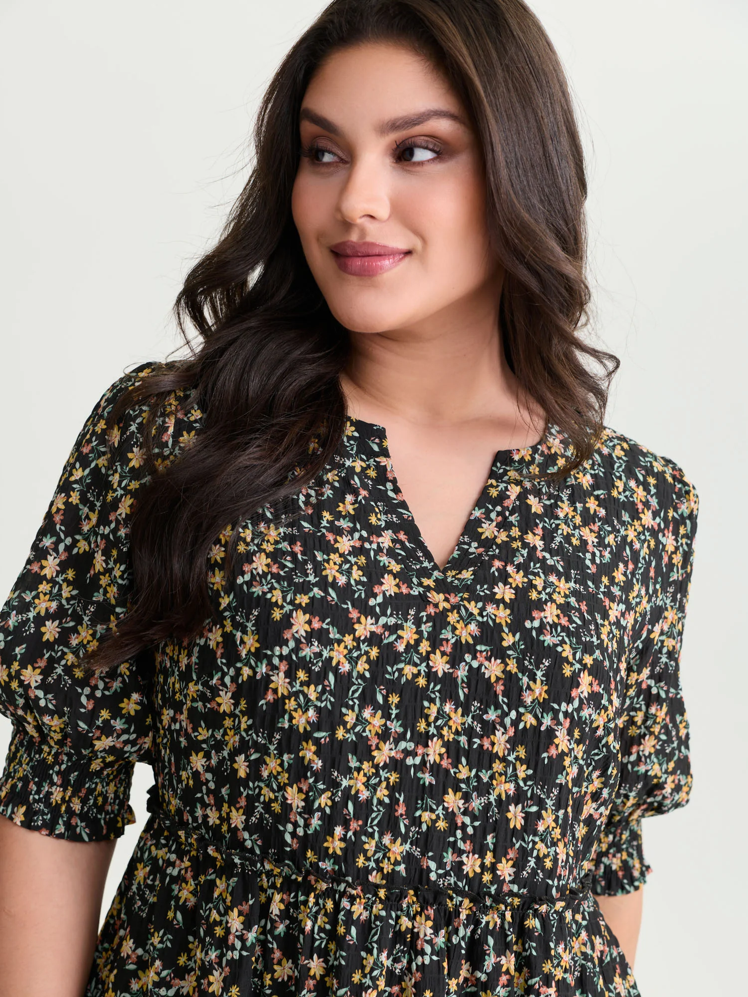 Micro Floral Print Shirred Cuff Mini Dress - Image 2