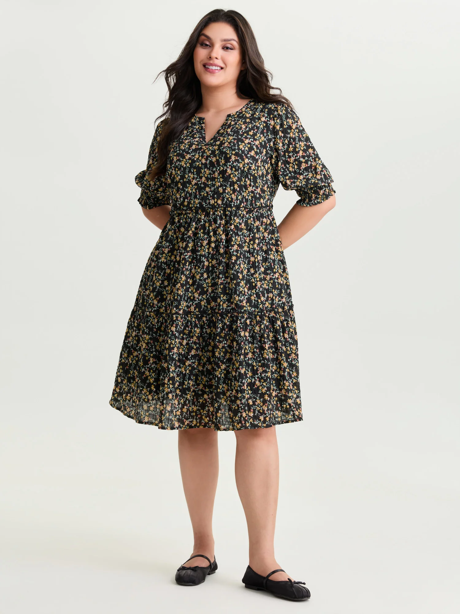 Micro Floral Print Shirred Cuff Mini Dress - Image 3