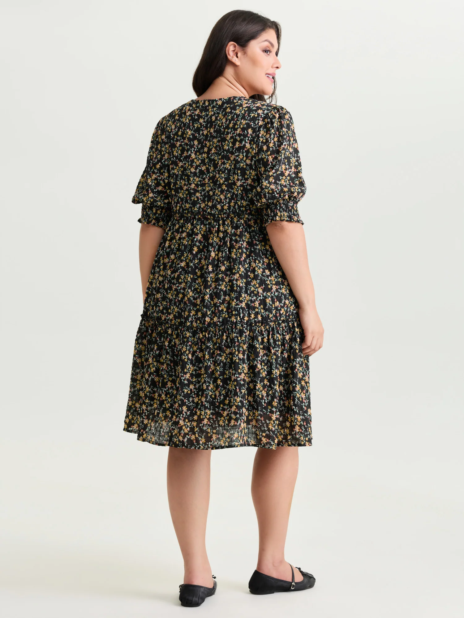 Micro Floral Print Shirred Cuff Mini Dress - Image 4