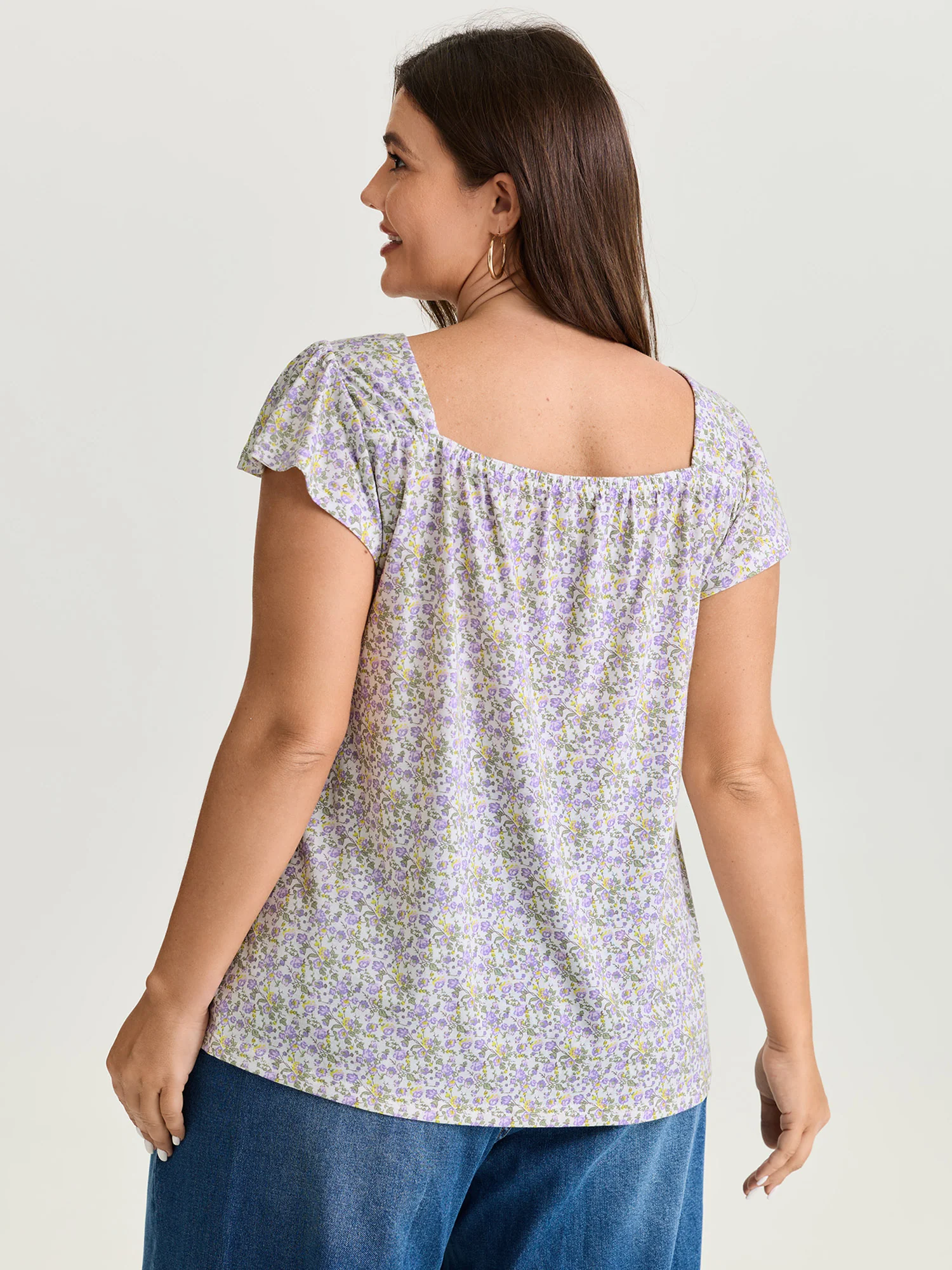 Micro Floral Print Shirred Neckline Knit Top - Image 4