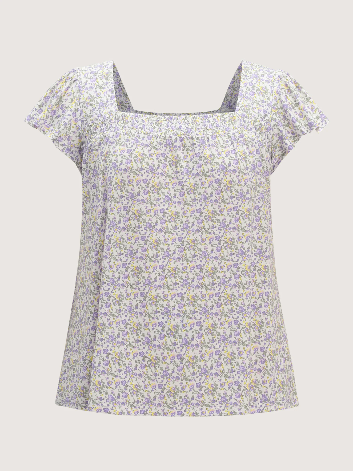 Micro Floral Print Shirred Neckline Knit Top - Image 7