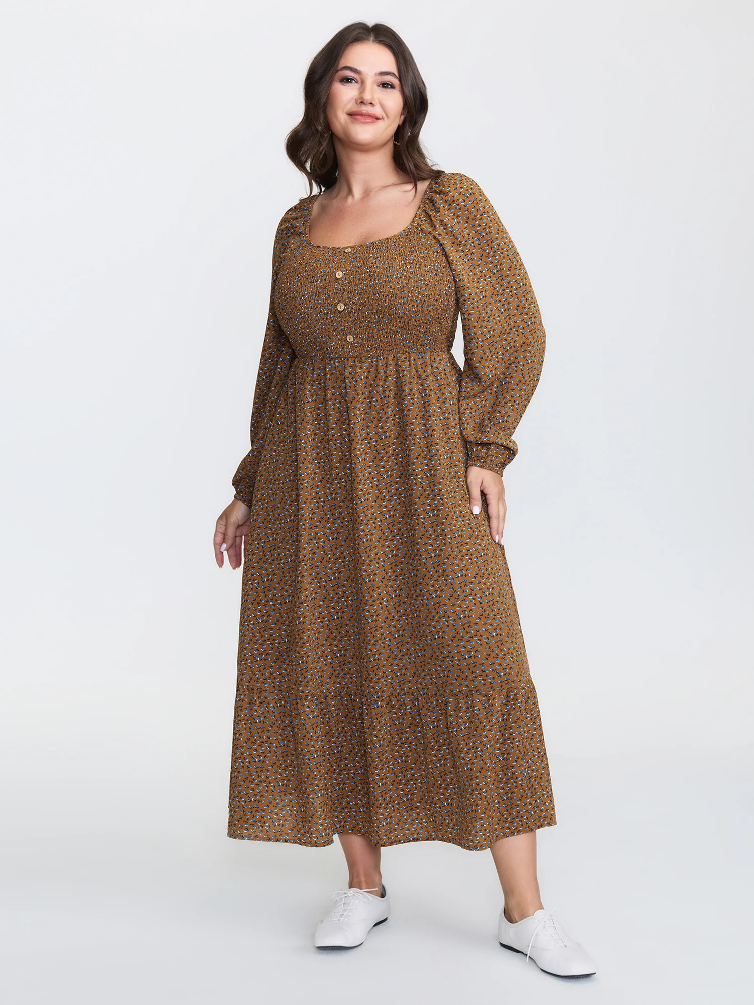Micro Floral Print Shirred Pattern Midi Dress - Image 3