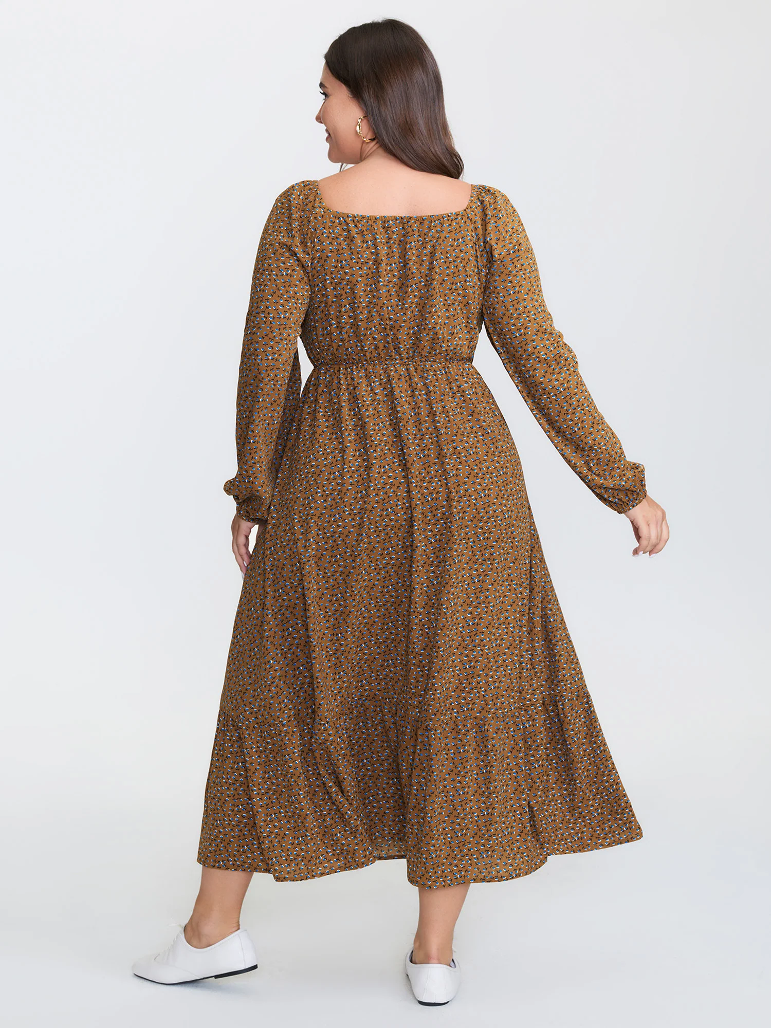 Micro Floral Print Shirred Pattern Midi Dress - Image 4
