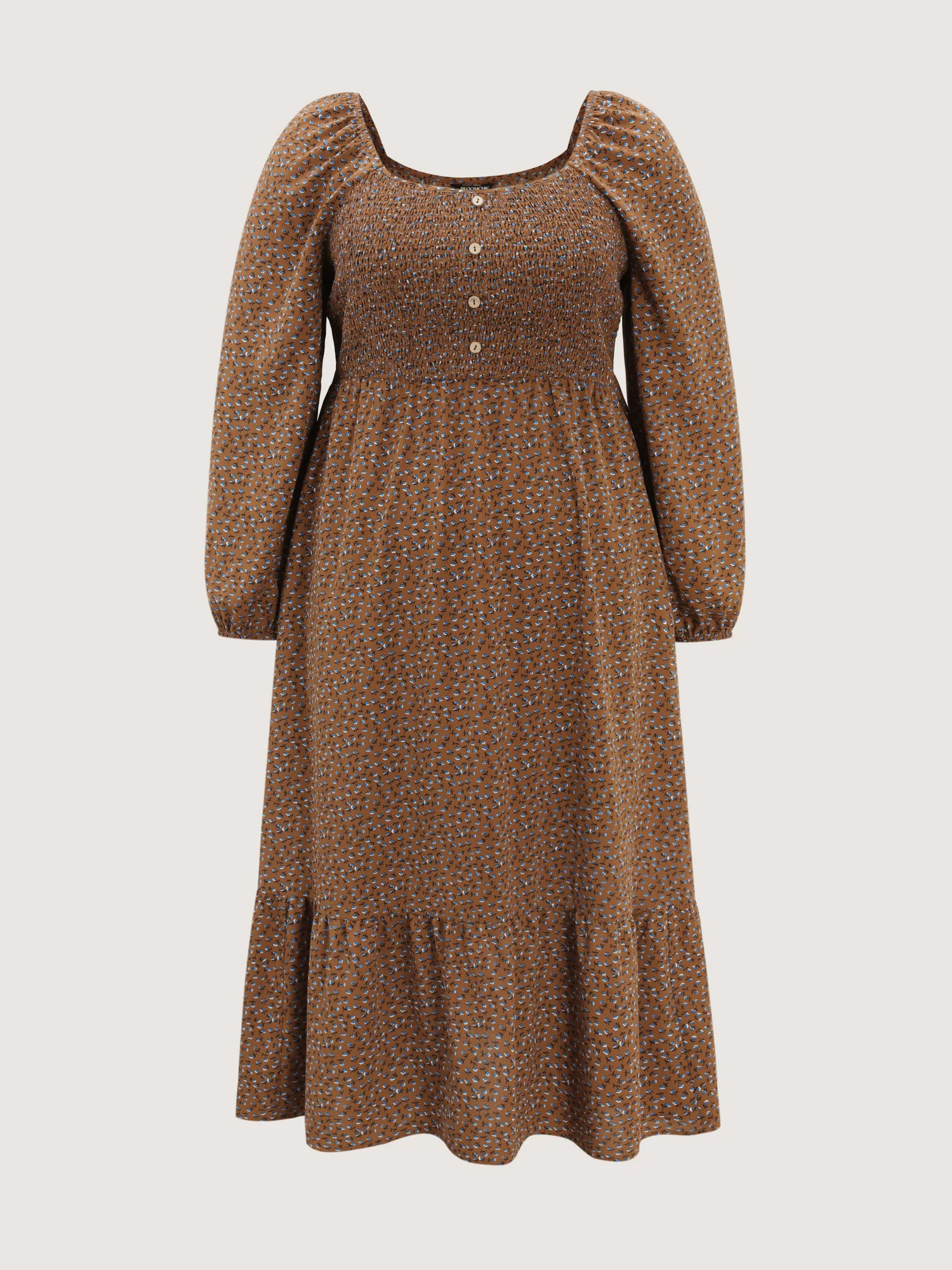 Micro Floral Print Shirred Pattern Midi Dress - Image 7