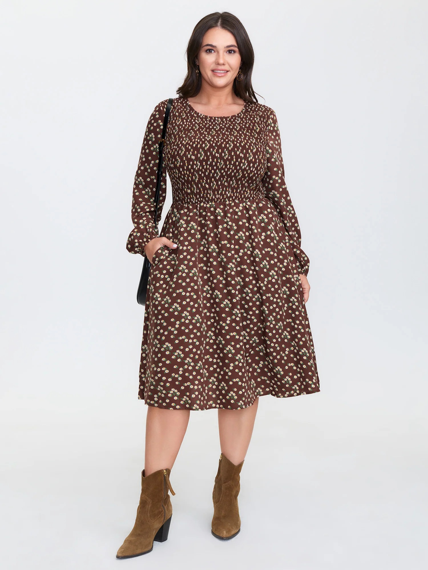 Micro Floral Print Shirred Pockets Midi Dress - Image 3